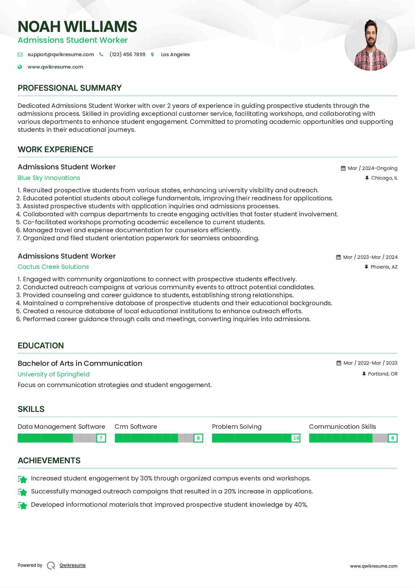 Admissions Student Worker Resume Samples QwikResume
