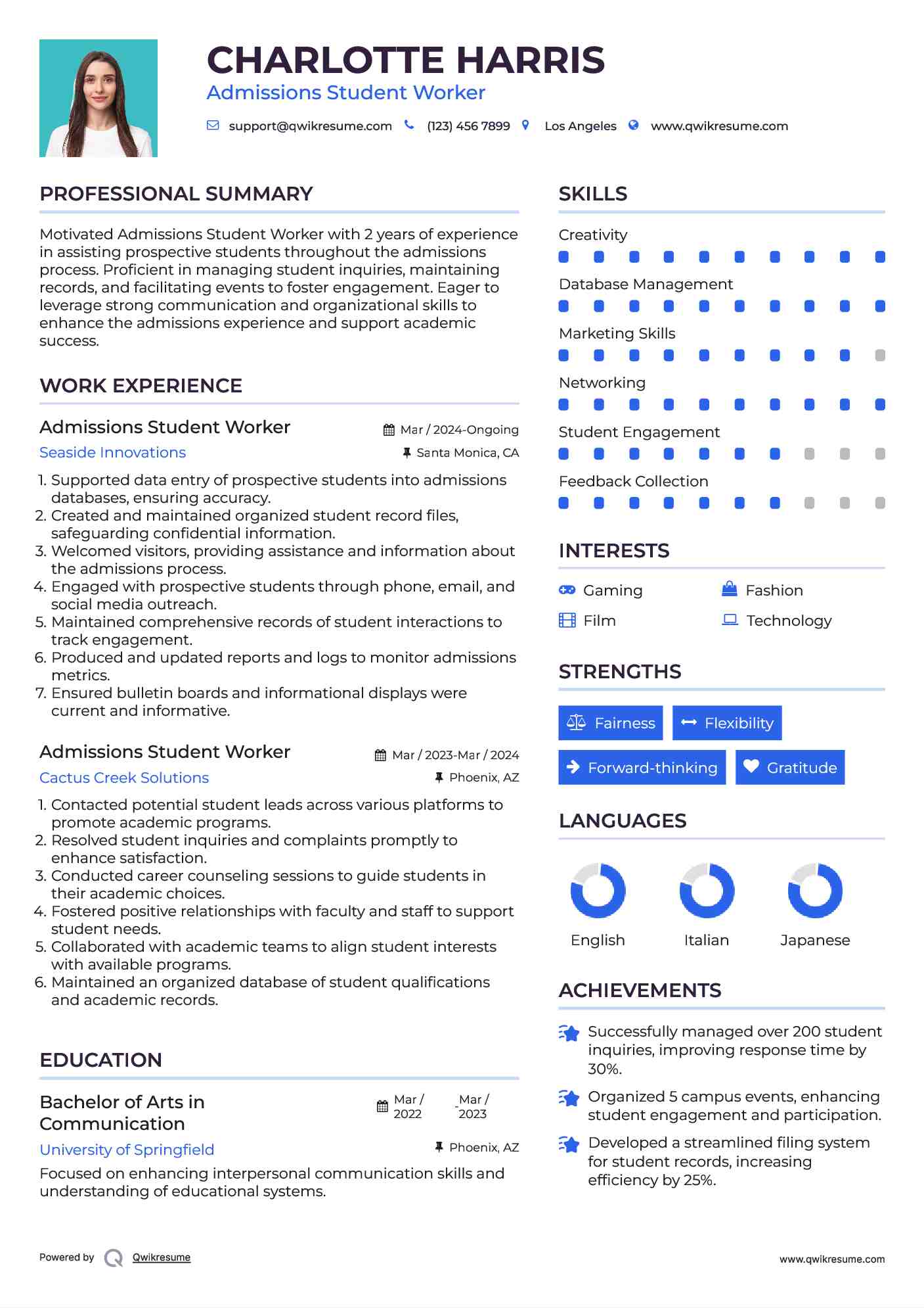 Admissions Student Worker Resume Sample