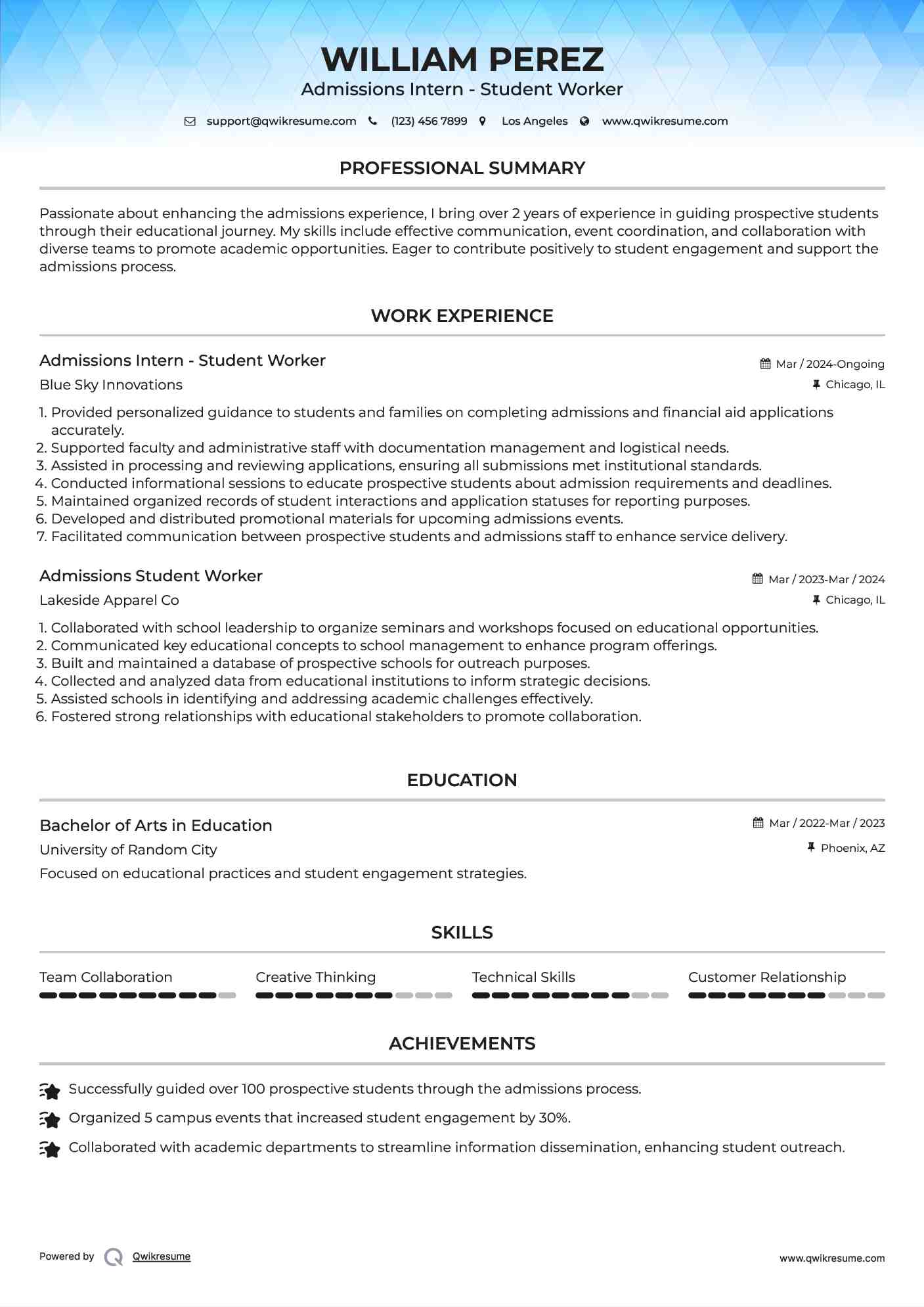 Admissions Intern - Student Worker Resume Format