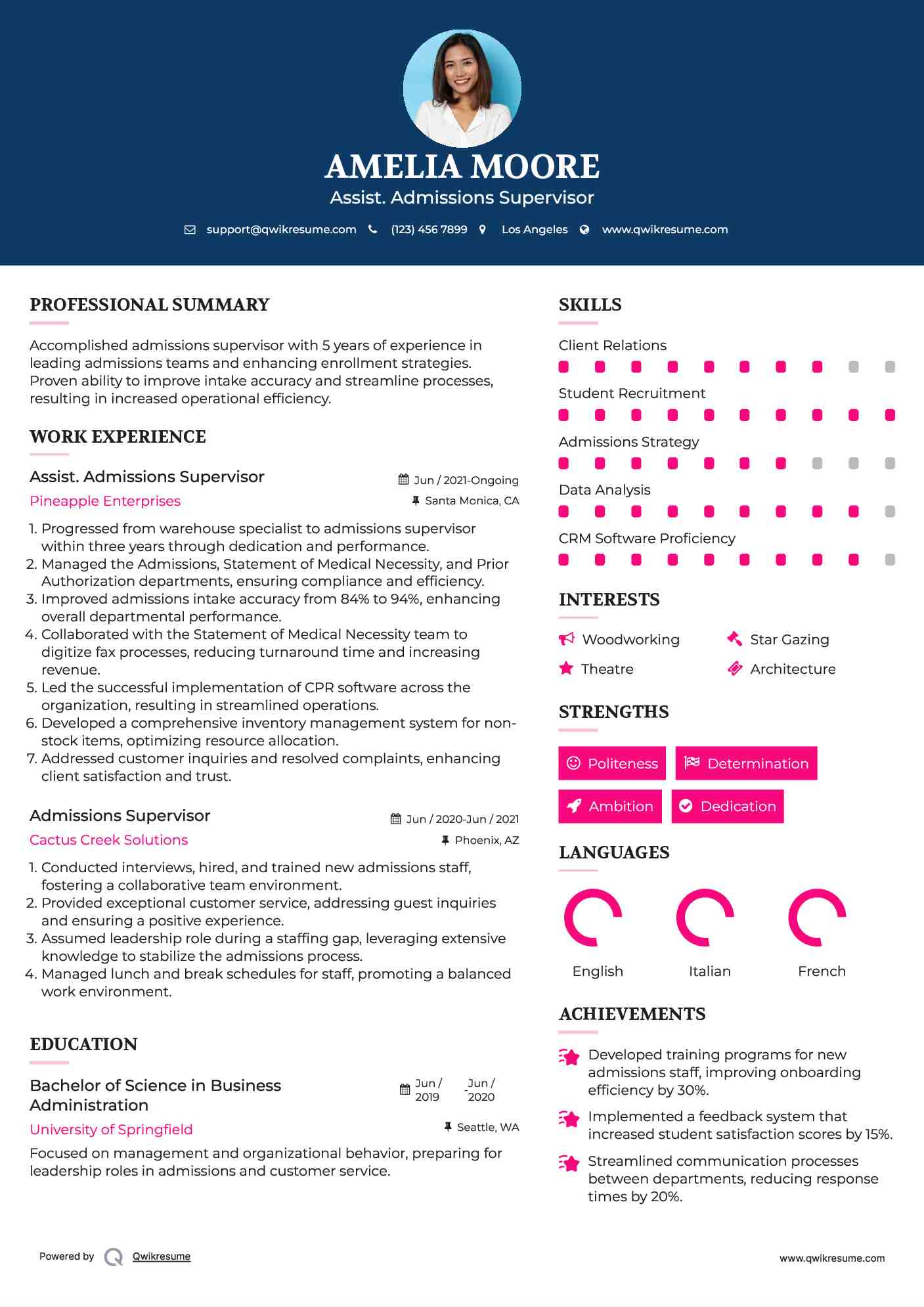 Assist. Admissions Supervisor Resume Format