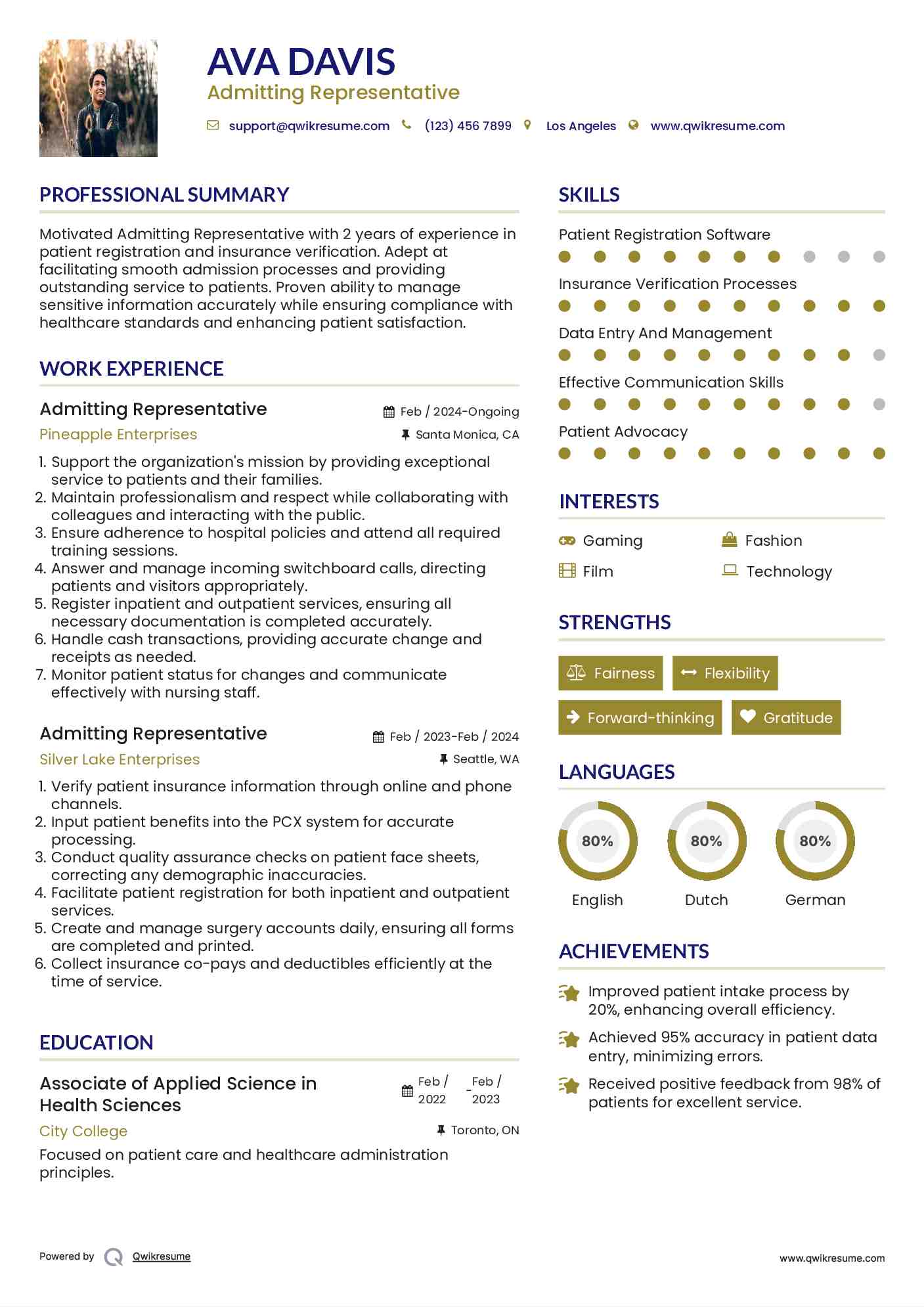 Admitting Representative Resume Example