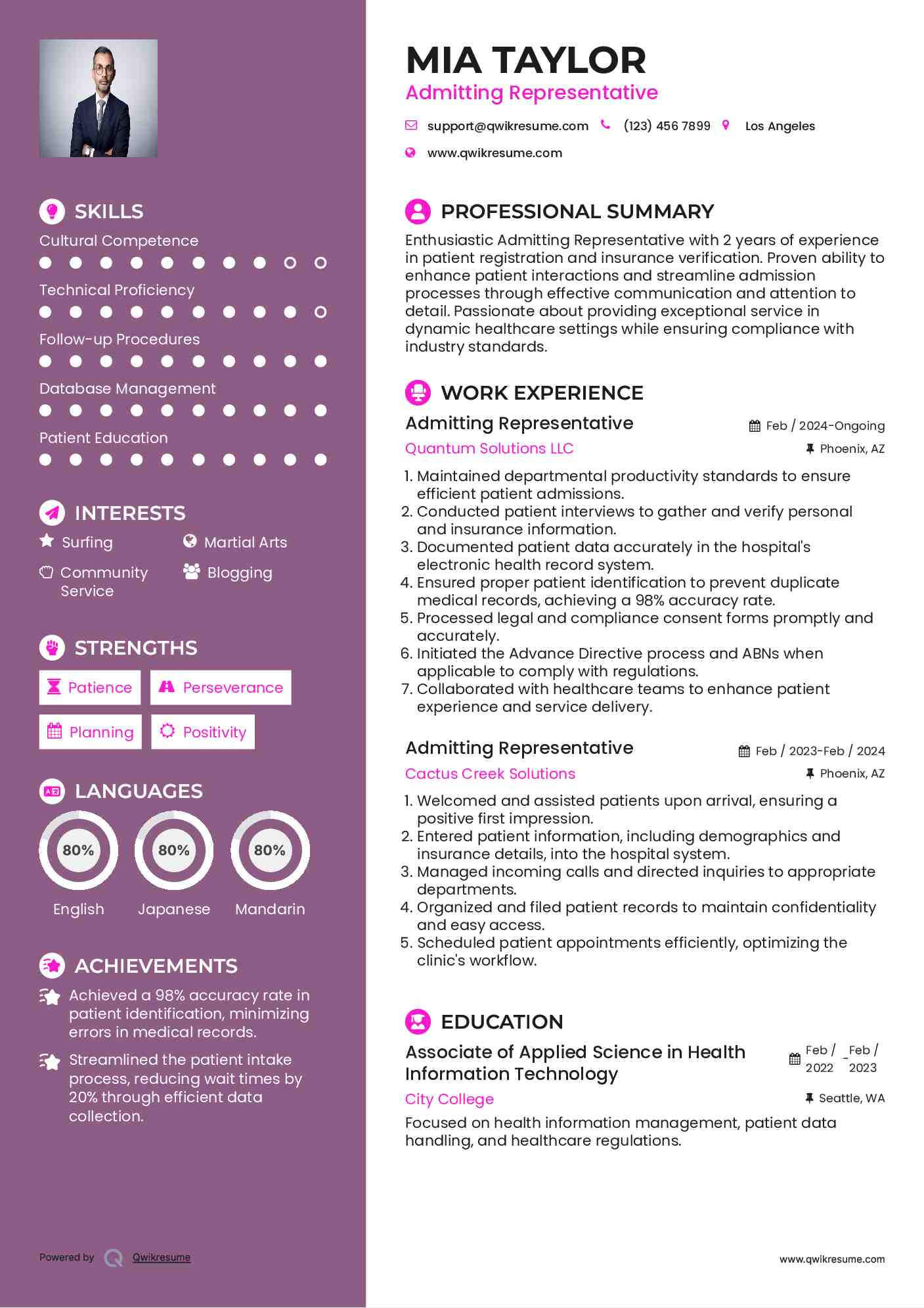 Admitting Representative Resume Model