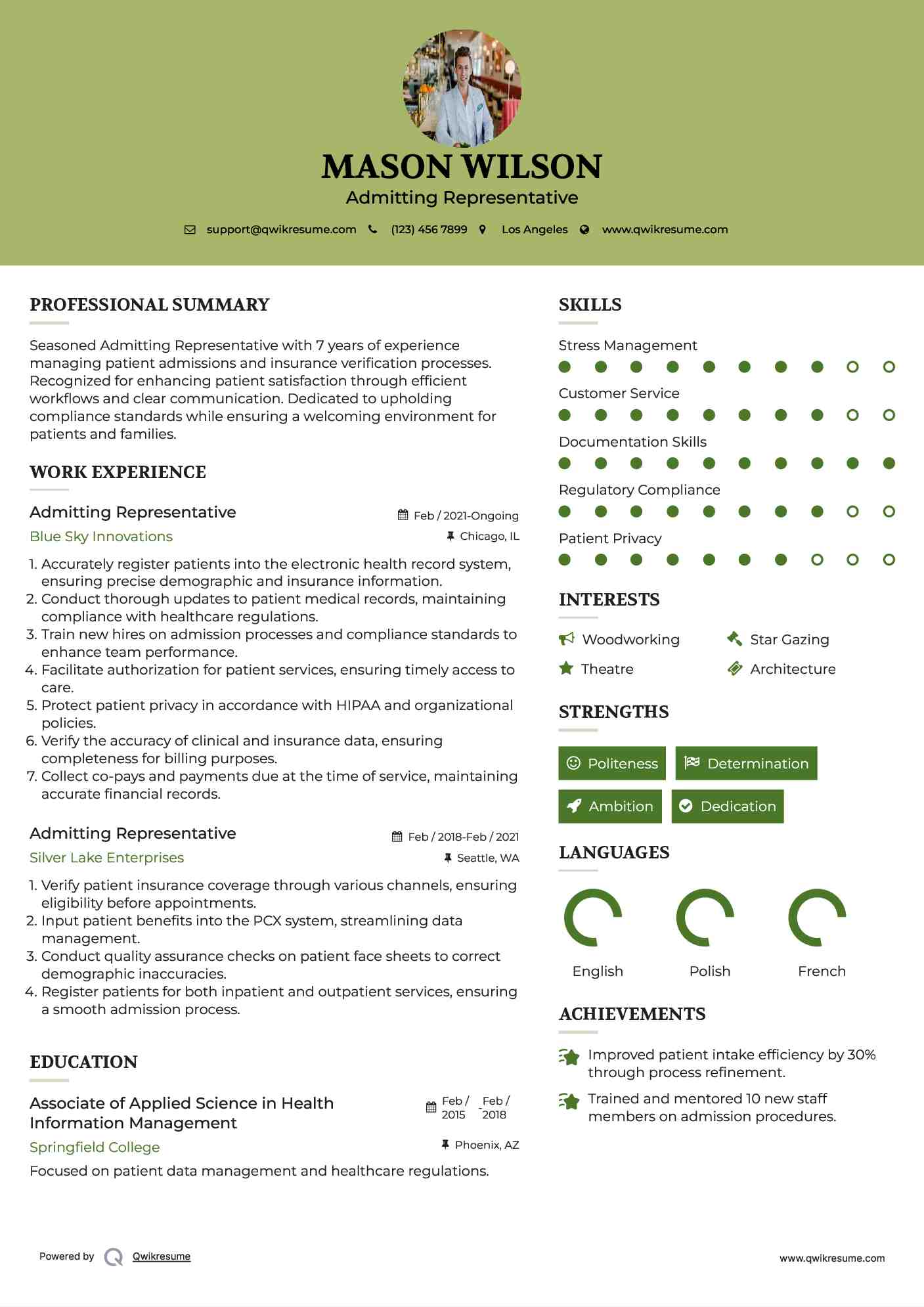 Admitting Representative Resume Sample