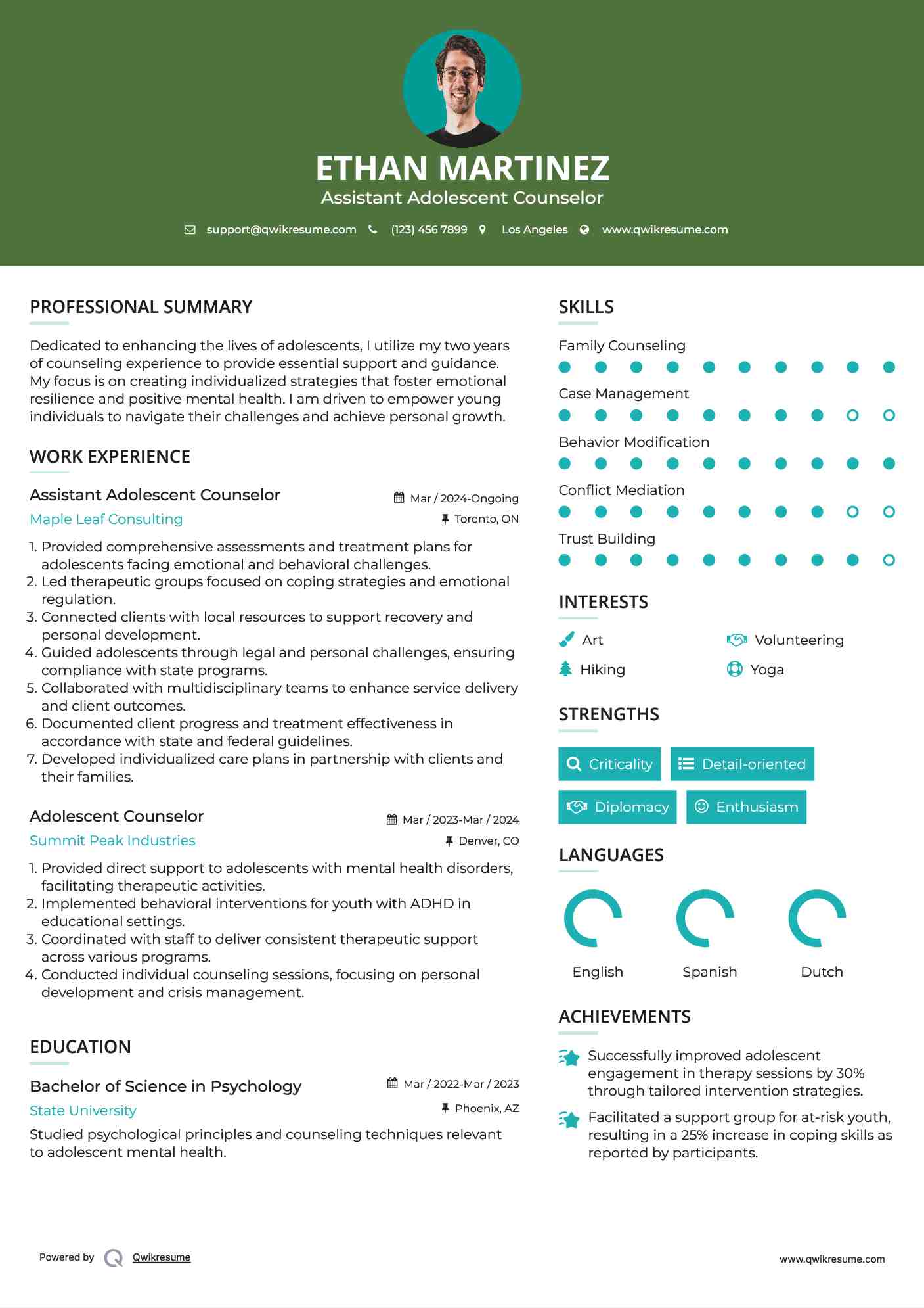 Assistant Adolescent Counselor  Resume Model