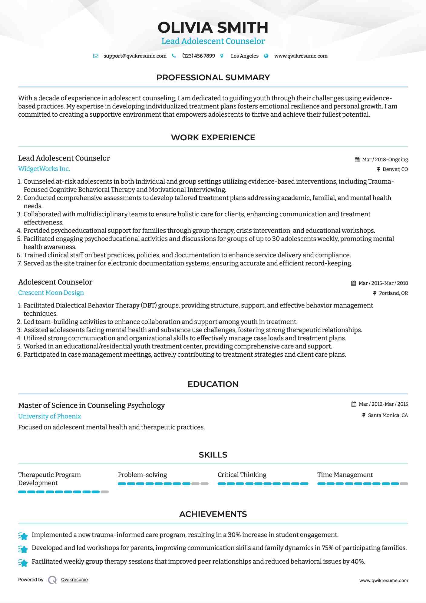 Lead Adolescent Counselor Resume Sample