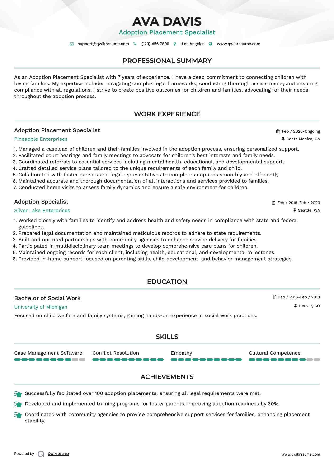 Adoption Placement Specialist Resume Template