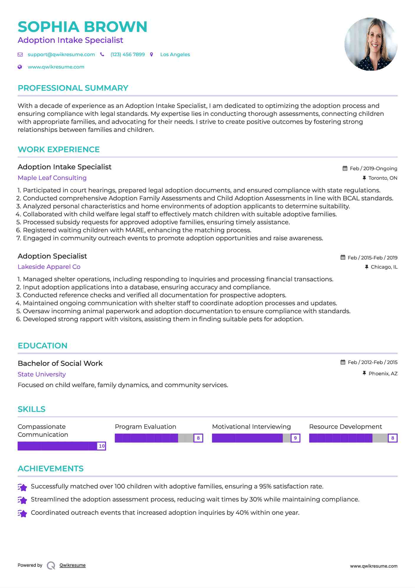 Adoption Intake Specialist Resume Sample