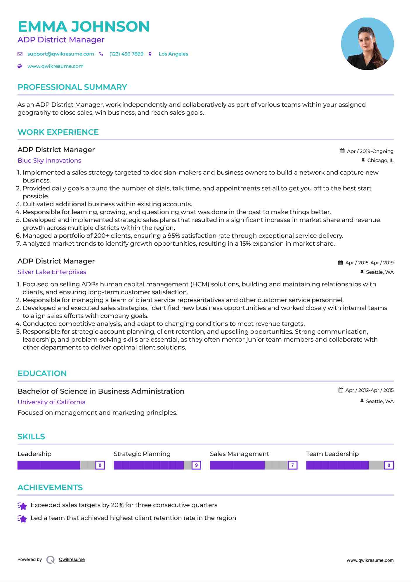 ADP District Manager Resume Template