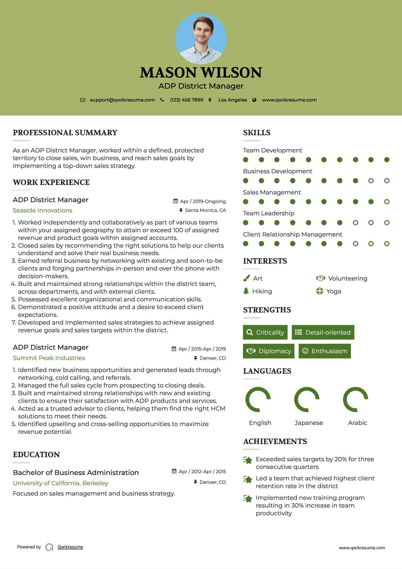 ADP District Manager Resume Example