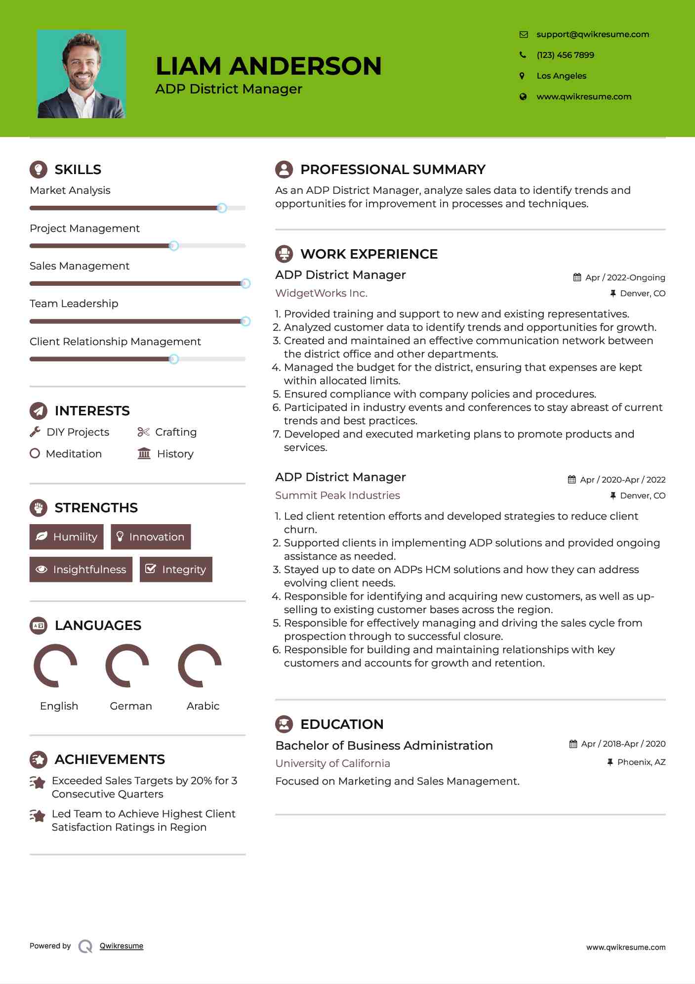 ADP District Manager Resume Sample