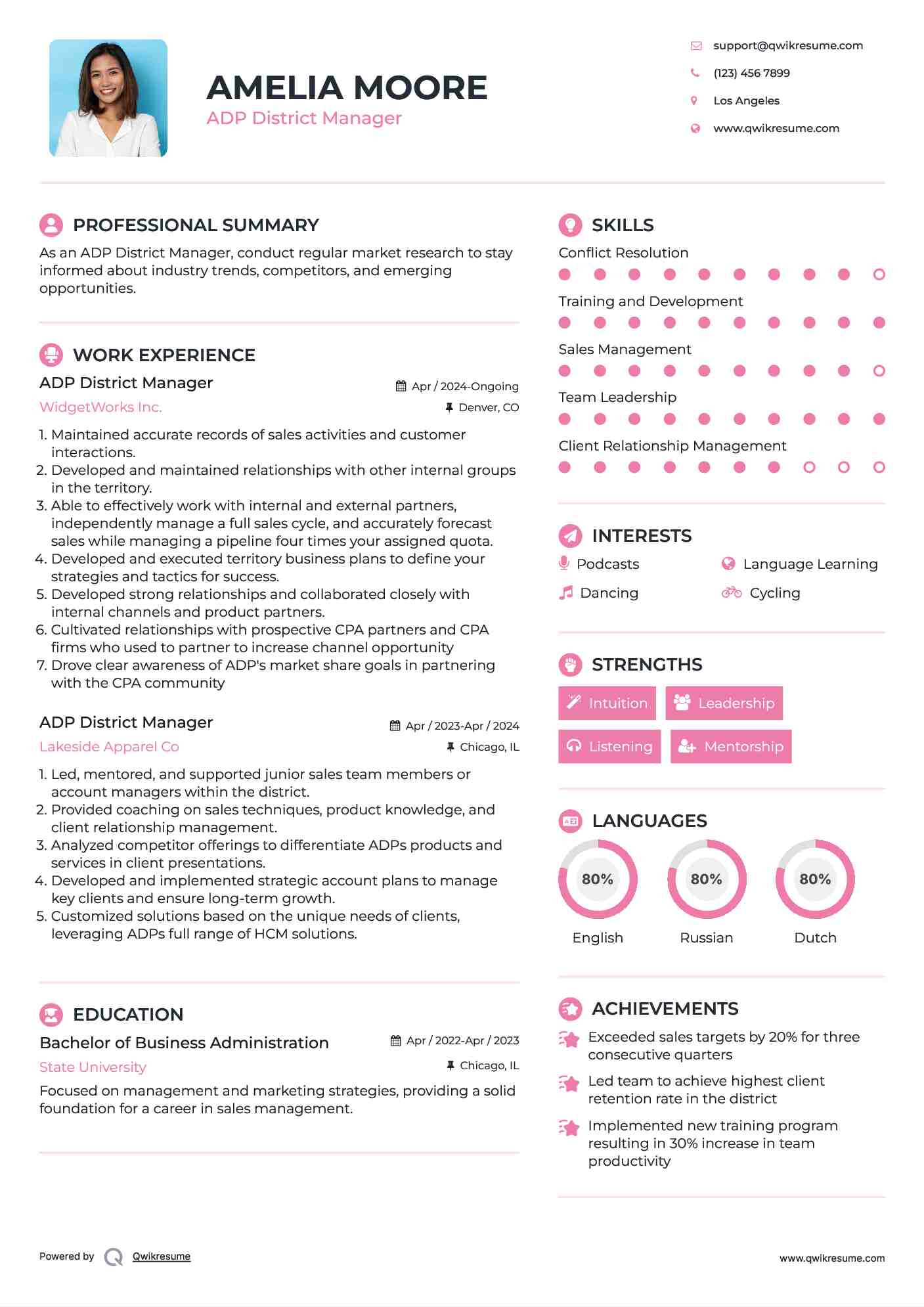 ADP District Manager Resume Sample