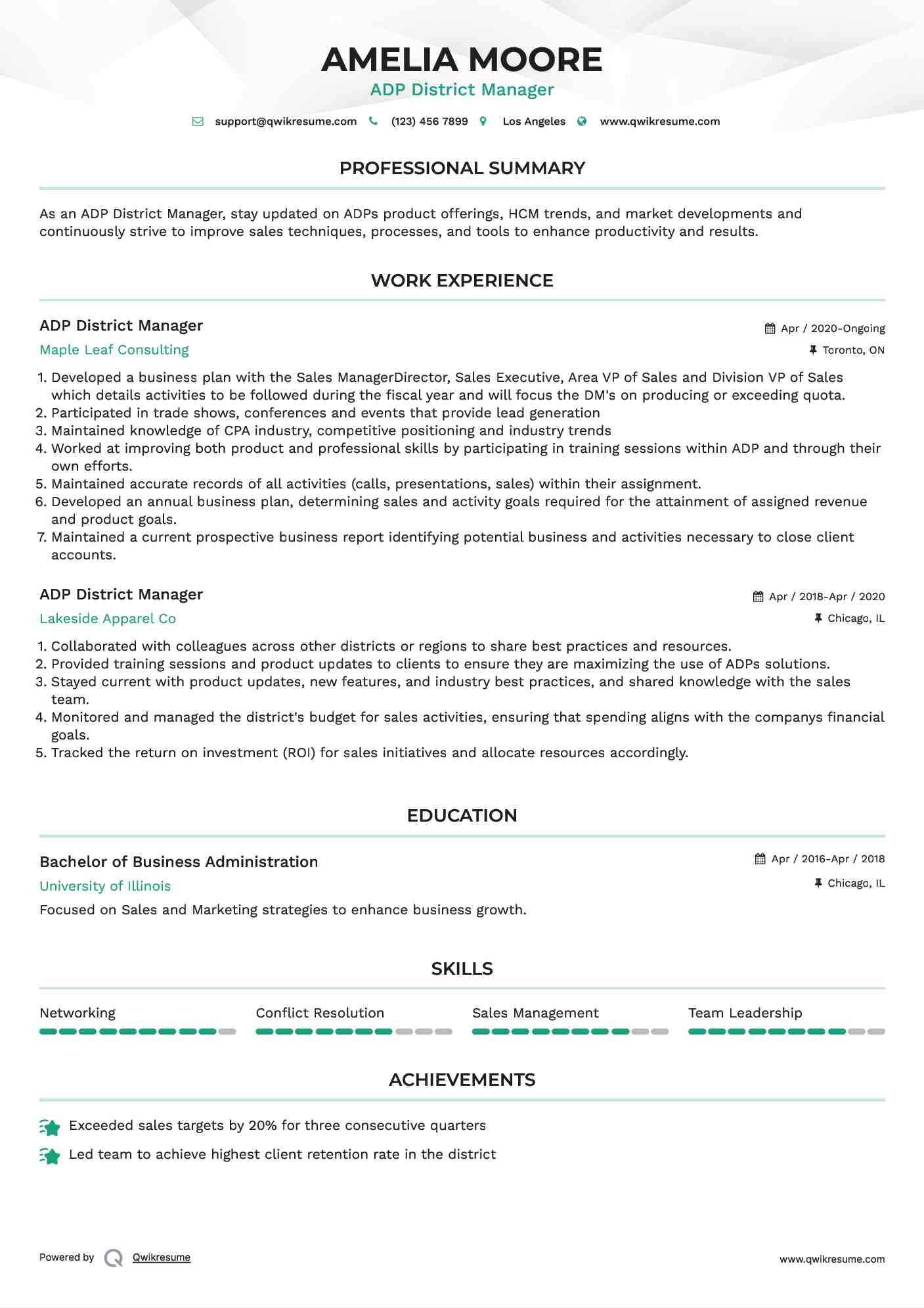 ADP District Manager Resume Model