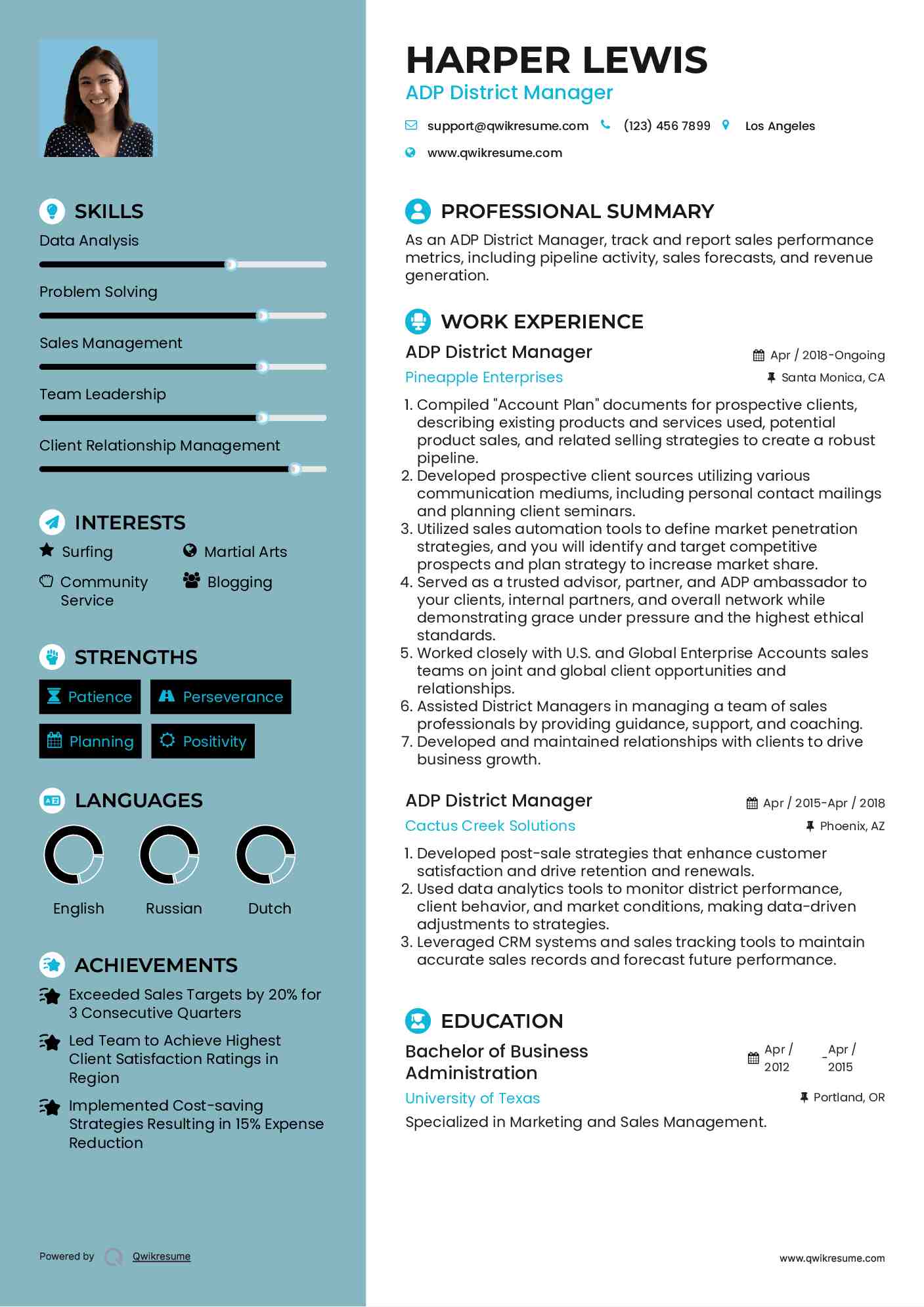 ADP District Manager Resume Example