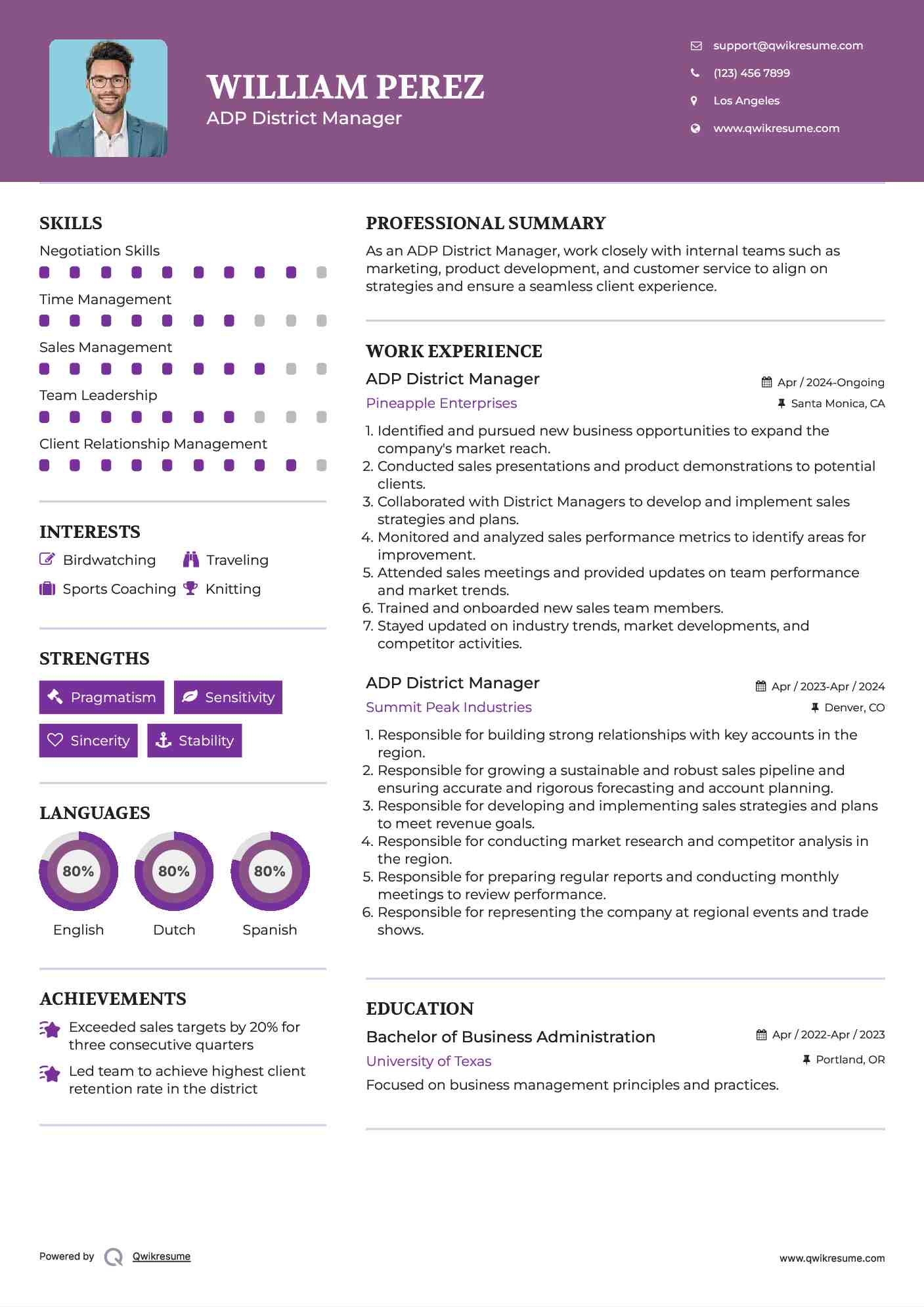 ADP District Manager Resume Sample