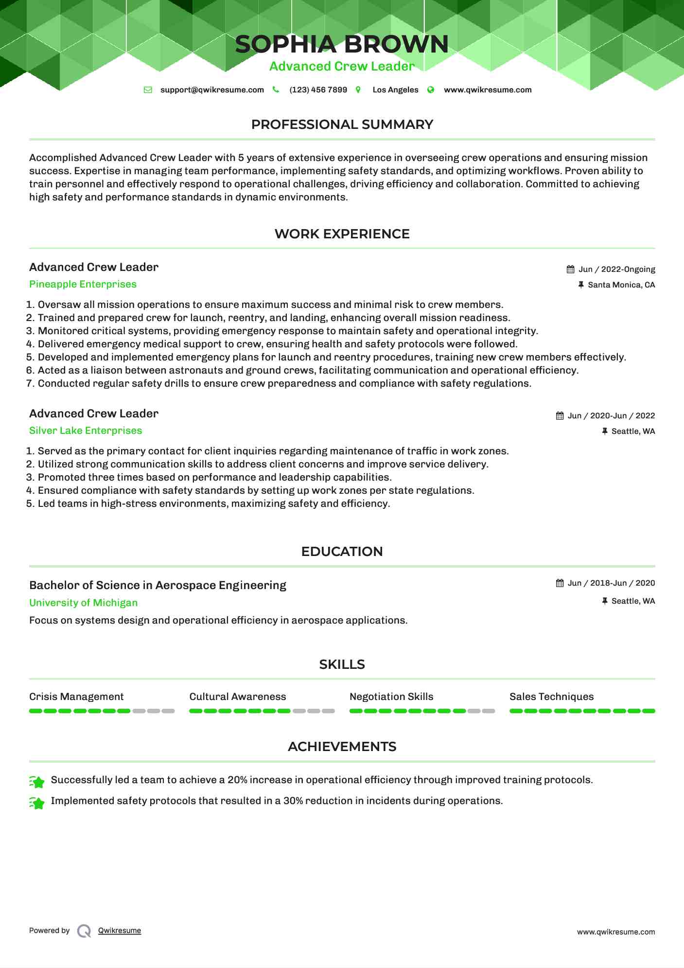 Advanced Crew Leader Resume Format