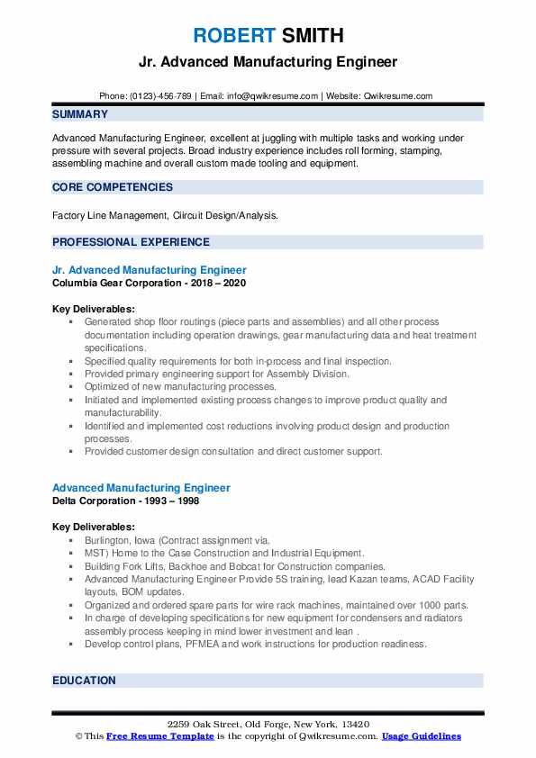 Advanced Manufacturing Engineer Resume Samples QwikResume