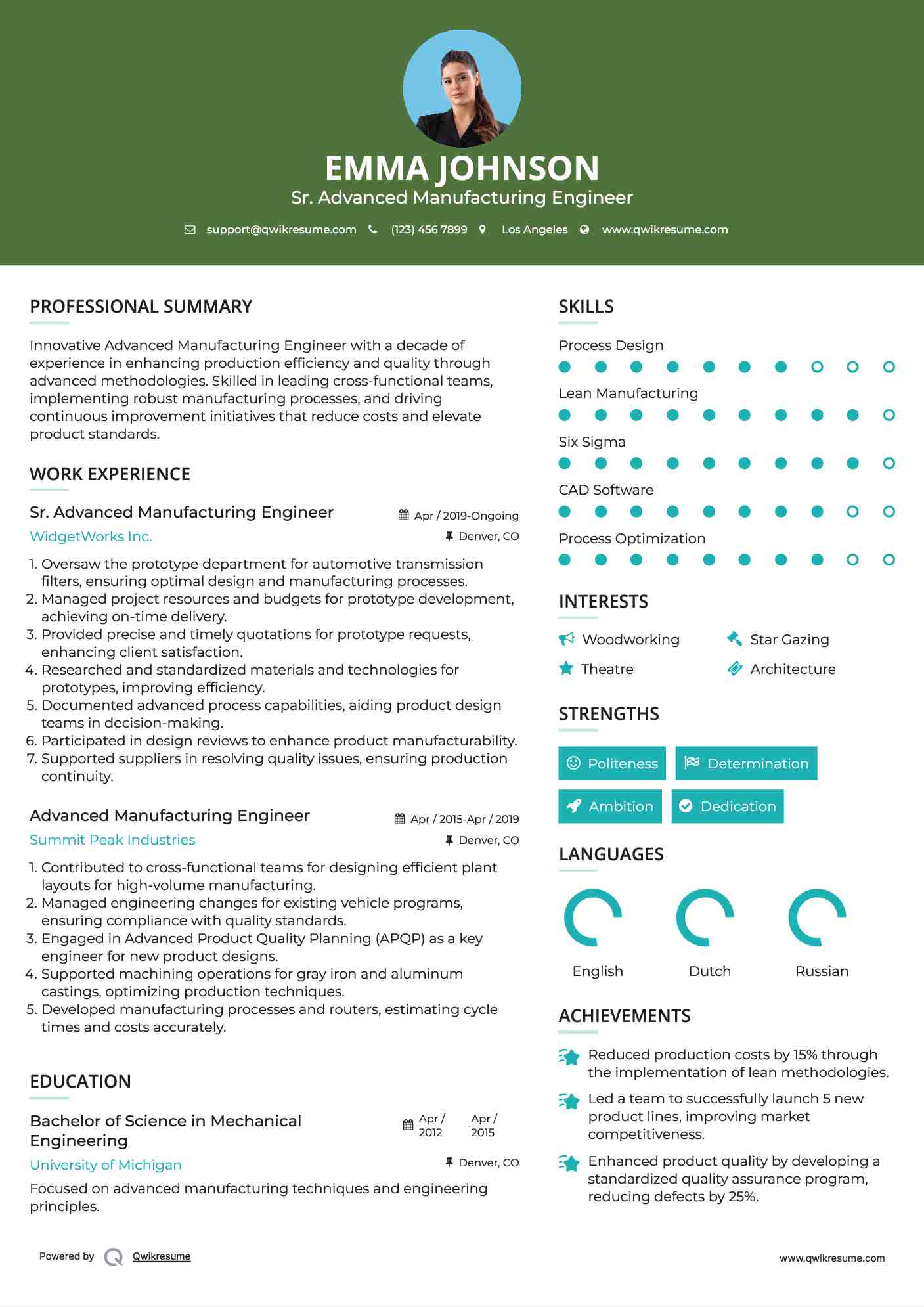 Sr. Advanced Manufacturing Engineer Resume Model