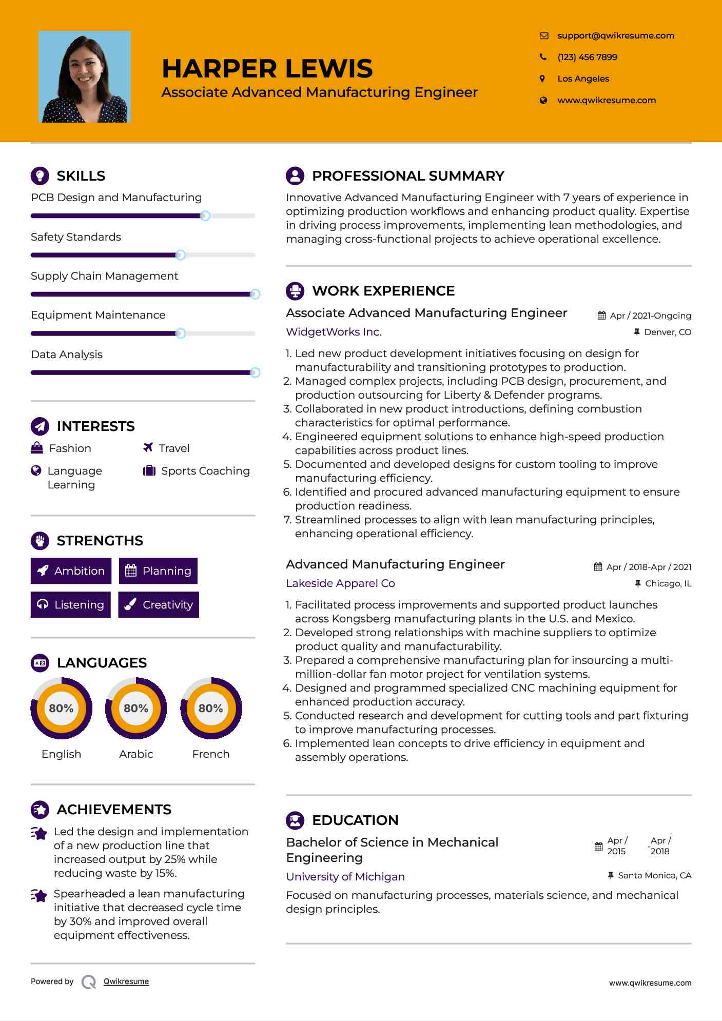 Advanced Manufacturing Engineer Resume Samples QwikResume