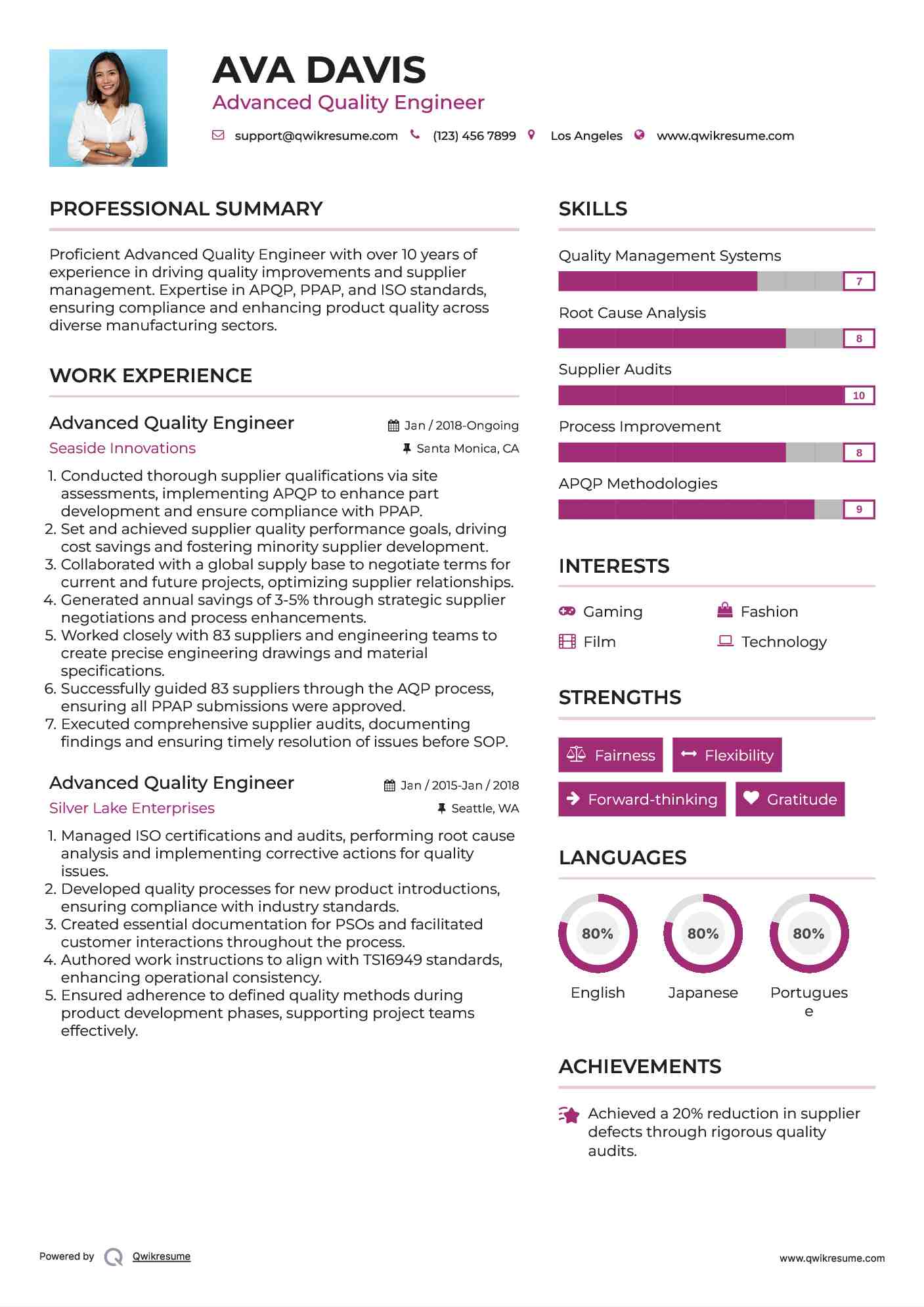 Advanced Quality Engineer Resume Sample