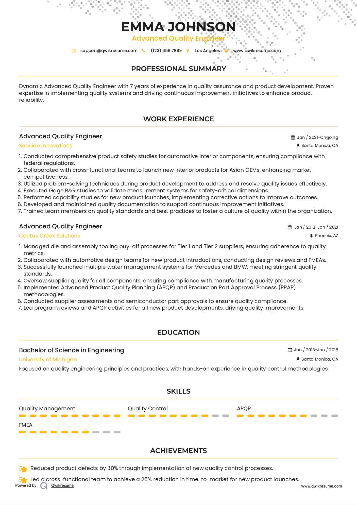 Advanced Quality Engineer Resume Sample