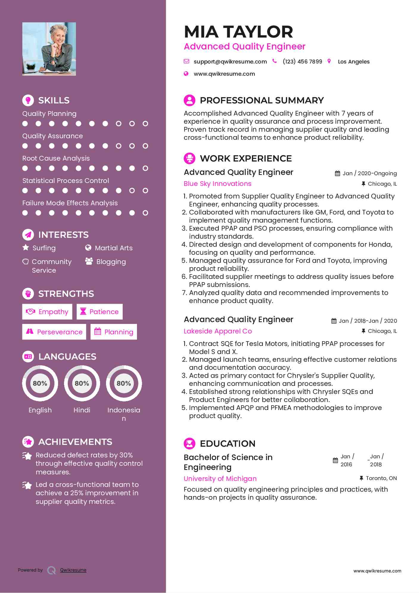 Advanced Quality Engineer Resume Samples QwikResume