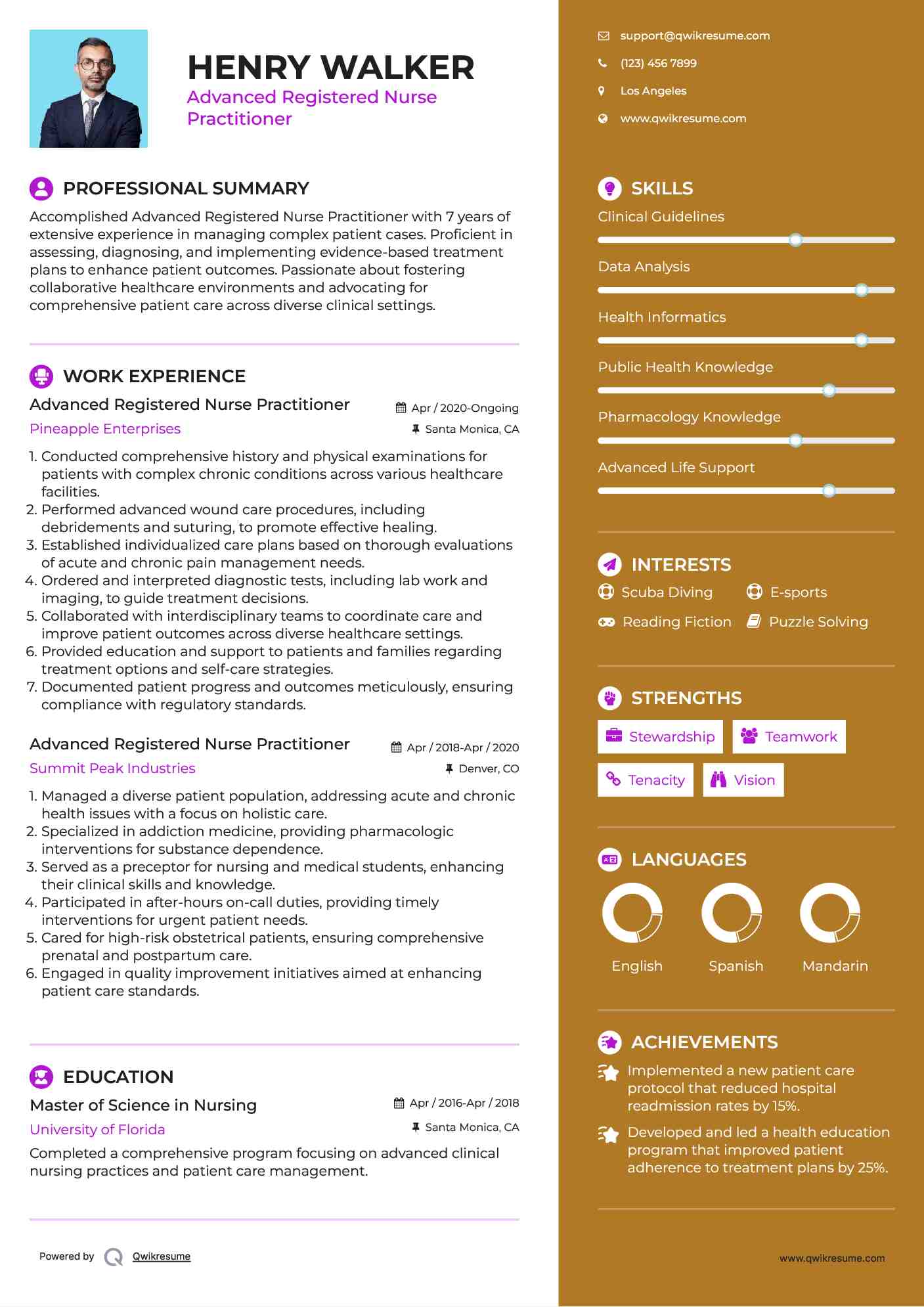 Advanced Registered Nurse Practitioner Resume Sample