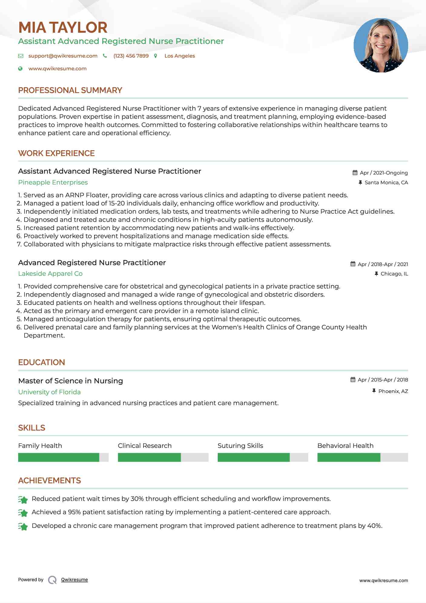 Assistant Advanced Registered Nurse Practitioner Resume Template