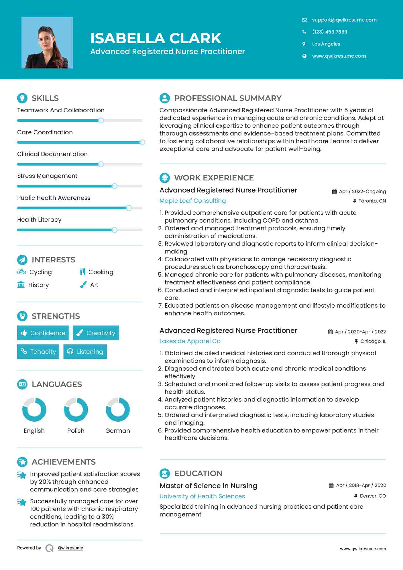 Advanced Registered Nurse Practitioner Resume Sample