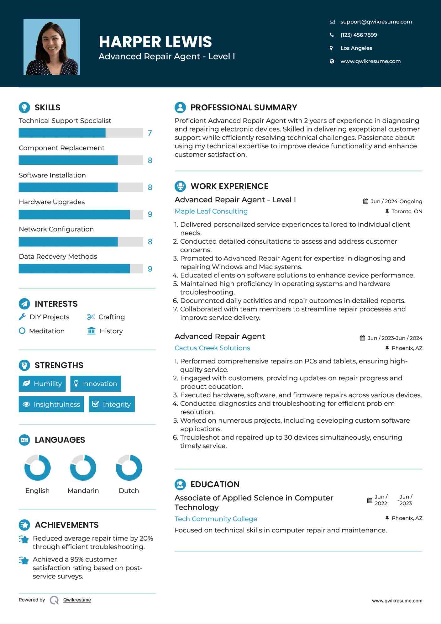 Advanced Repair Agent - Level I Resume Template