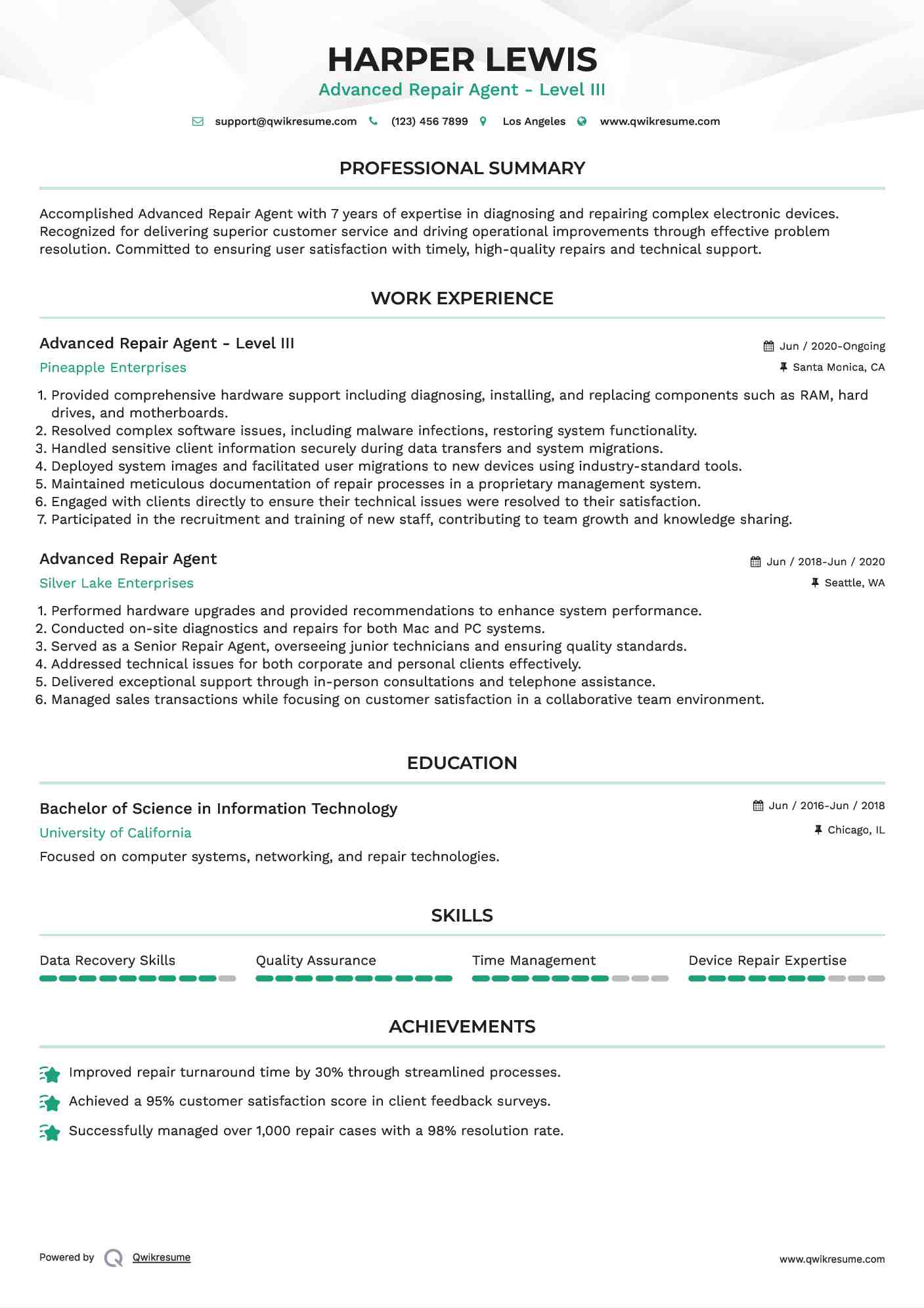 Advanced Repair Agent - Level III Resume Model