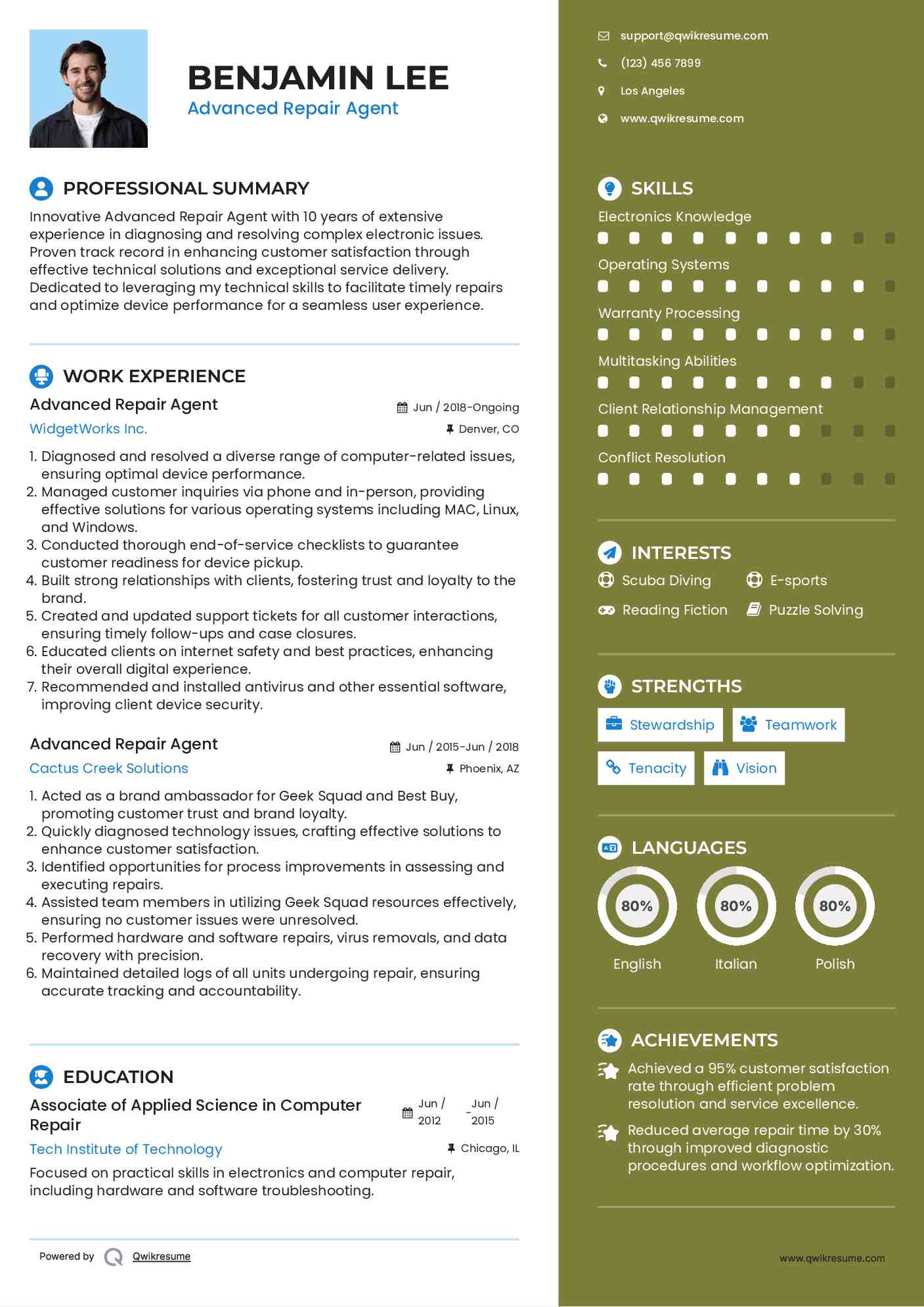 Advanced Repair Agent Resume Model