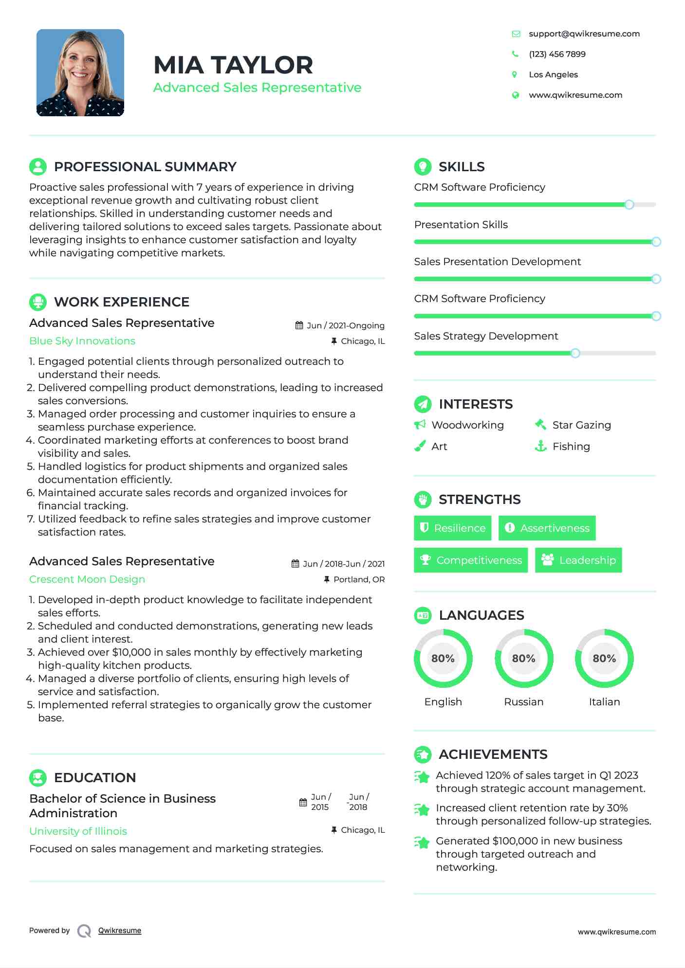 Advanced Sales Representative Resume Format