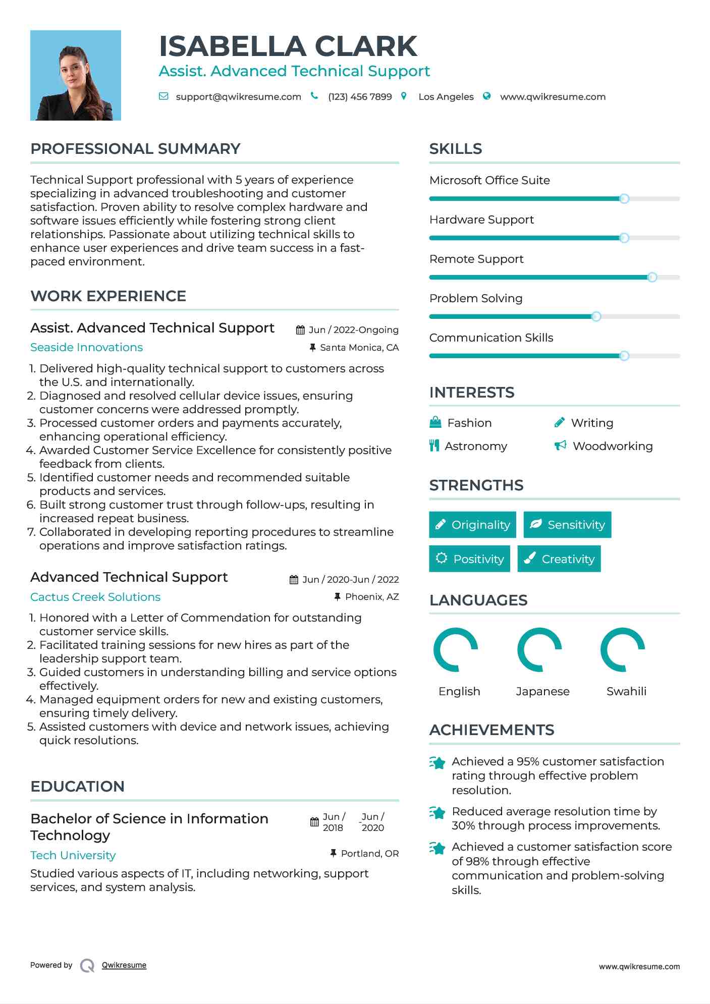 Assist. Advanced Technical Support Resume Example