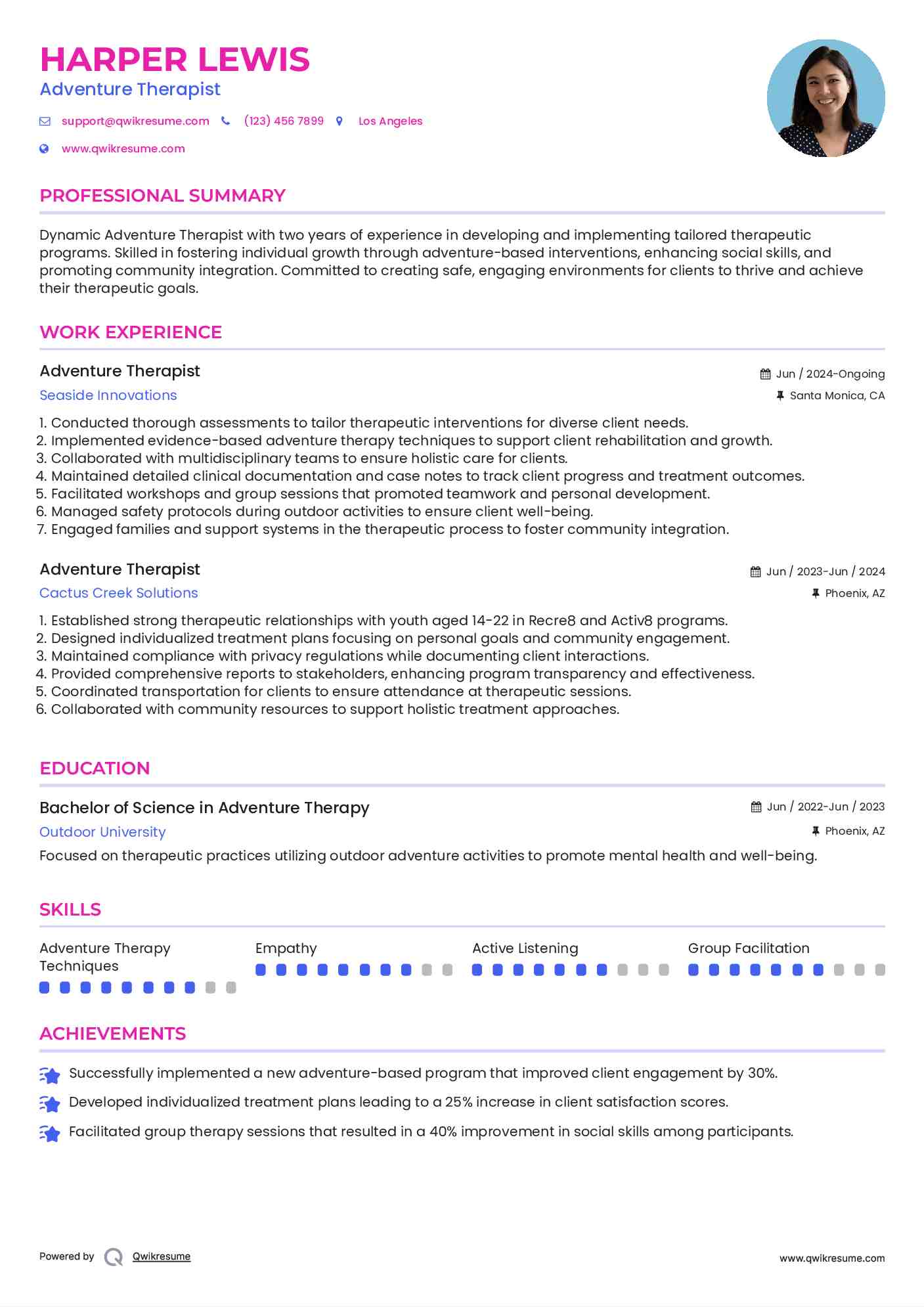 Adventure Therapist Resume Format