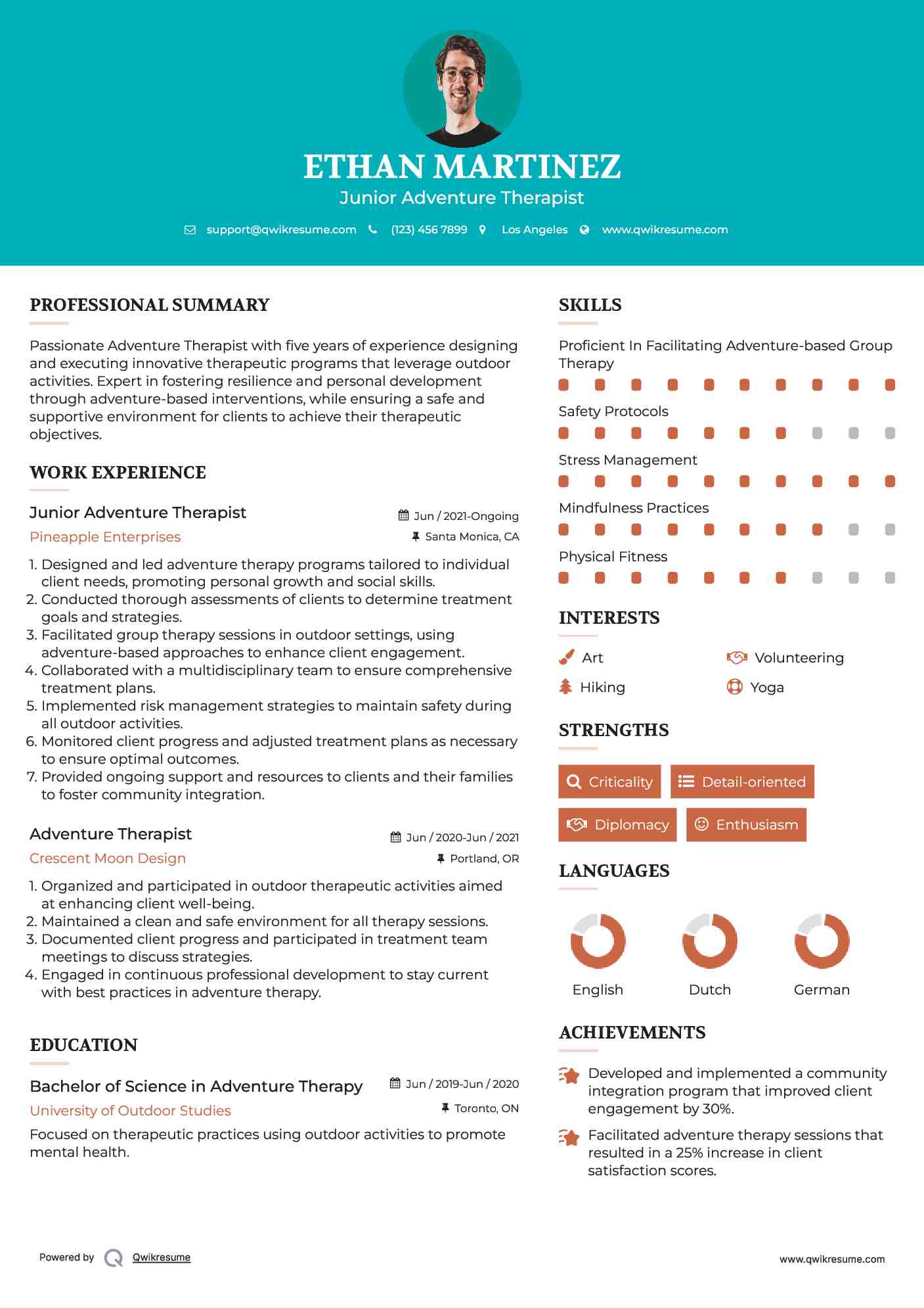 Junior Adventure Therapist Resume Sample