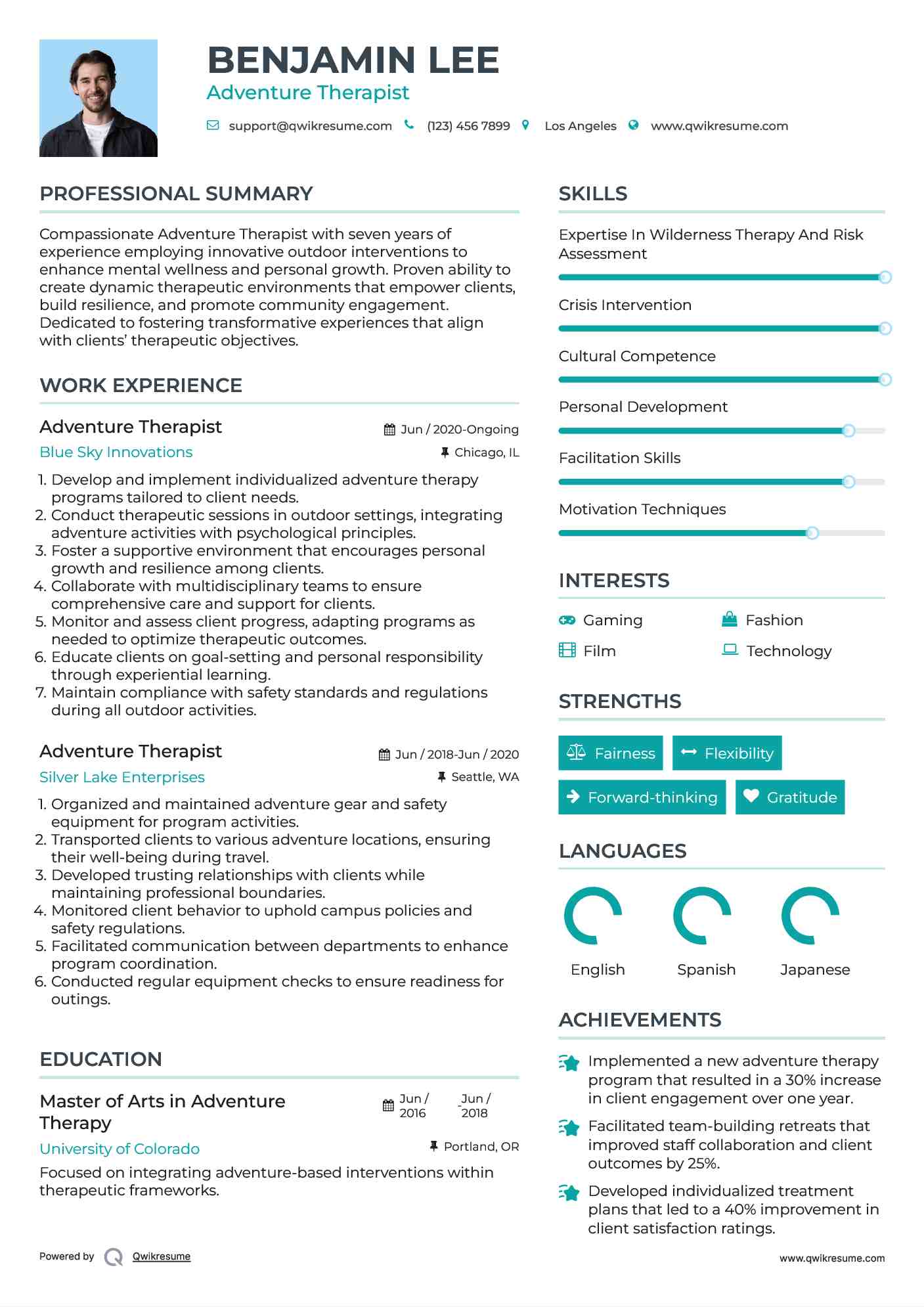 Adventure Therapist Resume Model