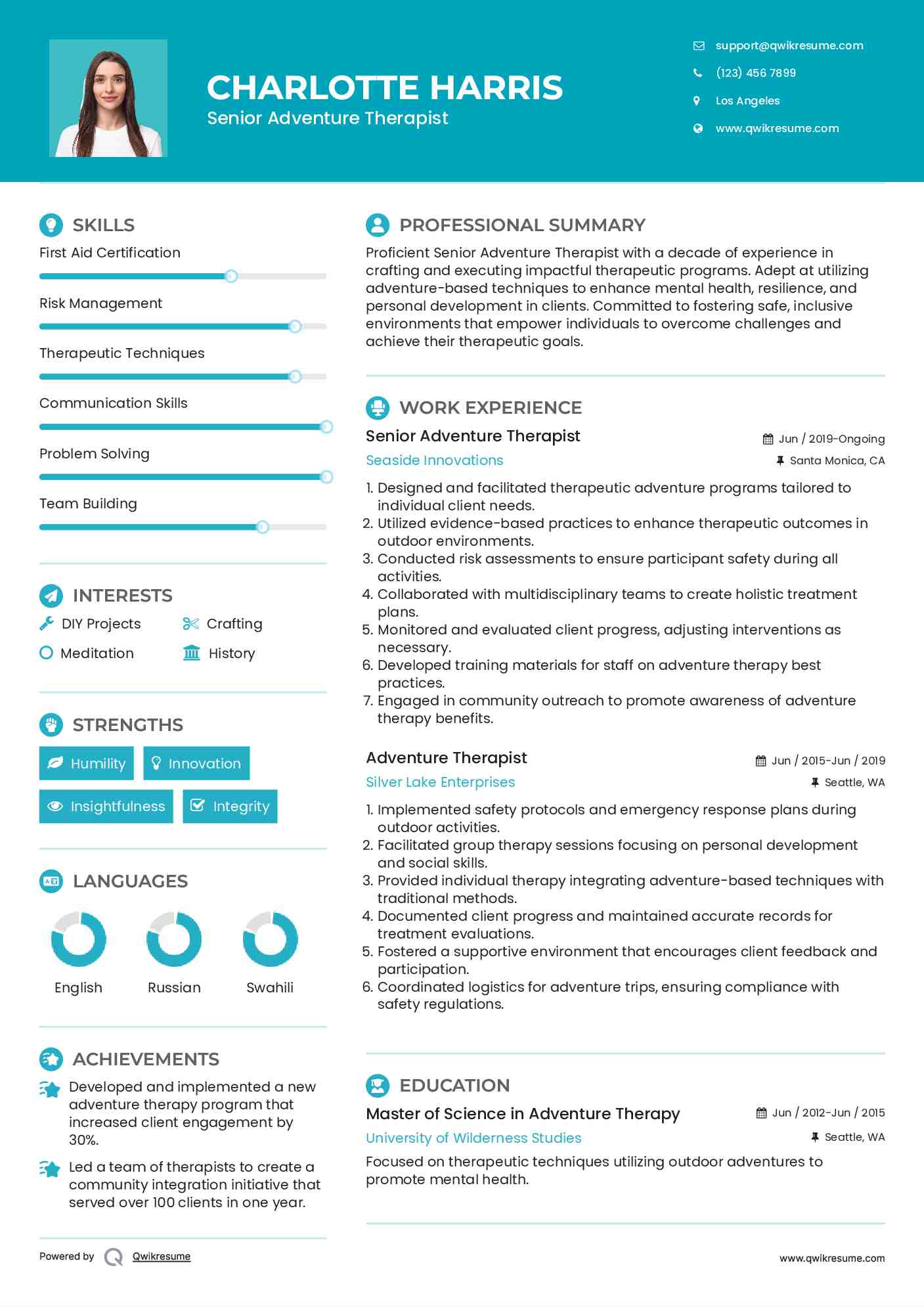 Senior Adventure Therapist Resume Template