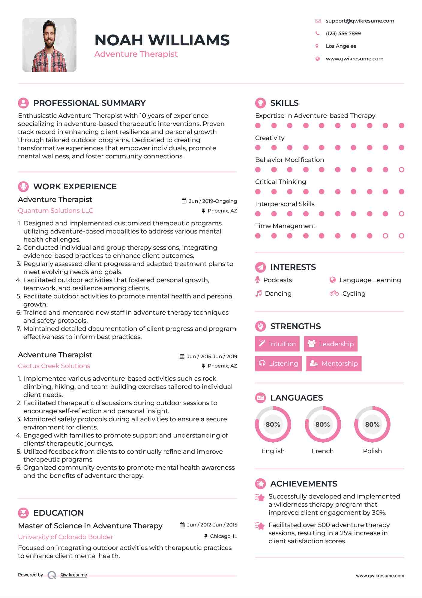 Adventure Therapist Resume Example