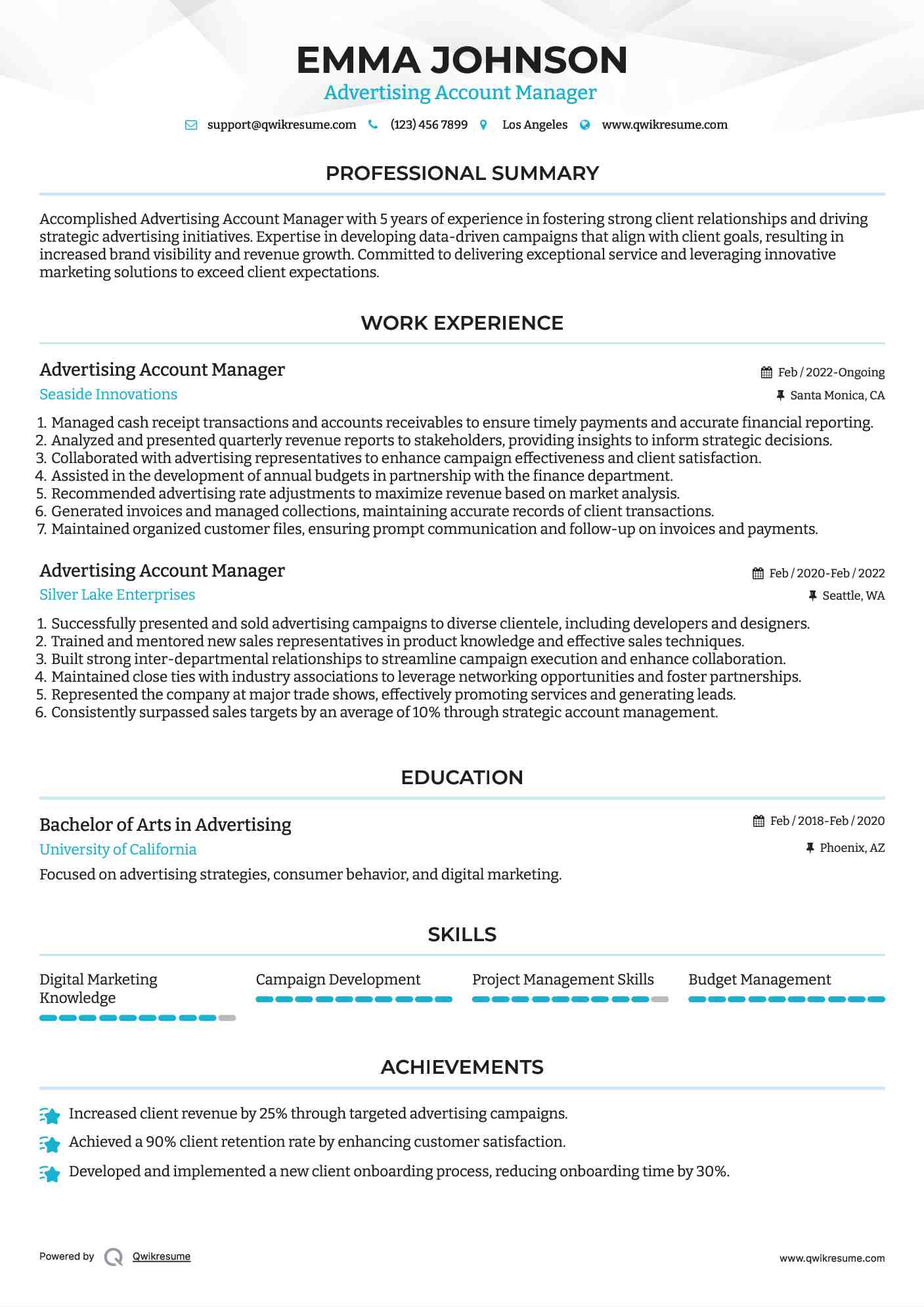 Advertising Account Manager  Resume Format