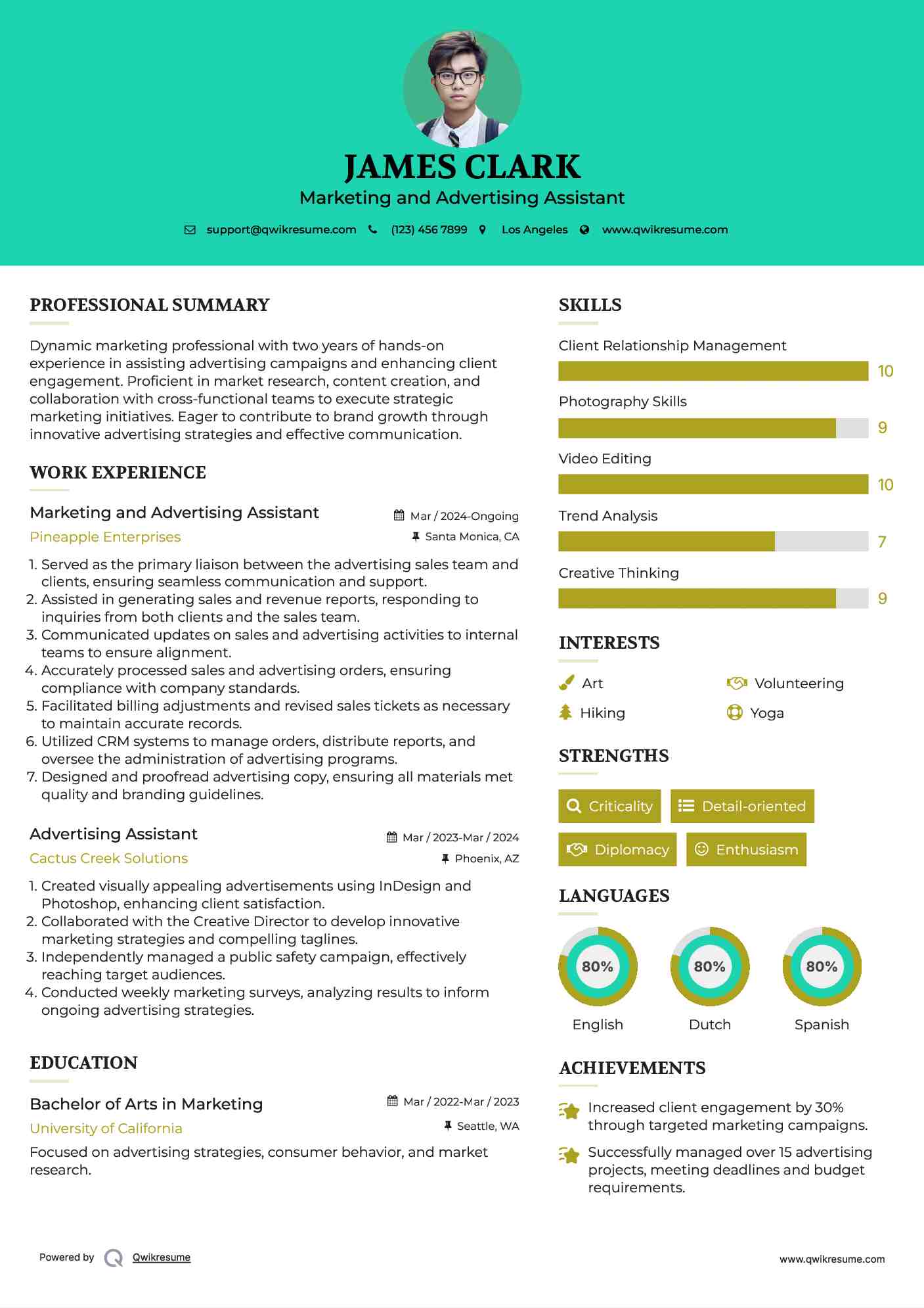Marketing and Advertising Assistant
 Resume Template