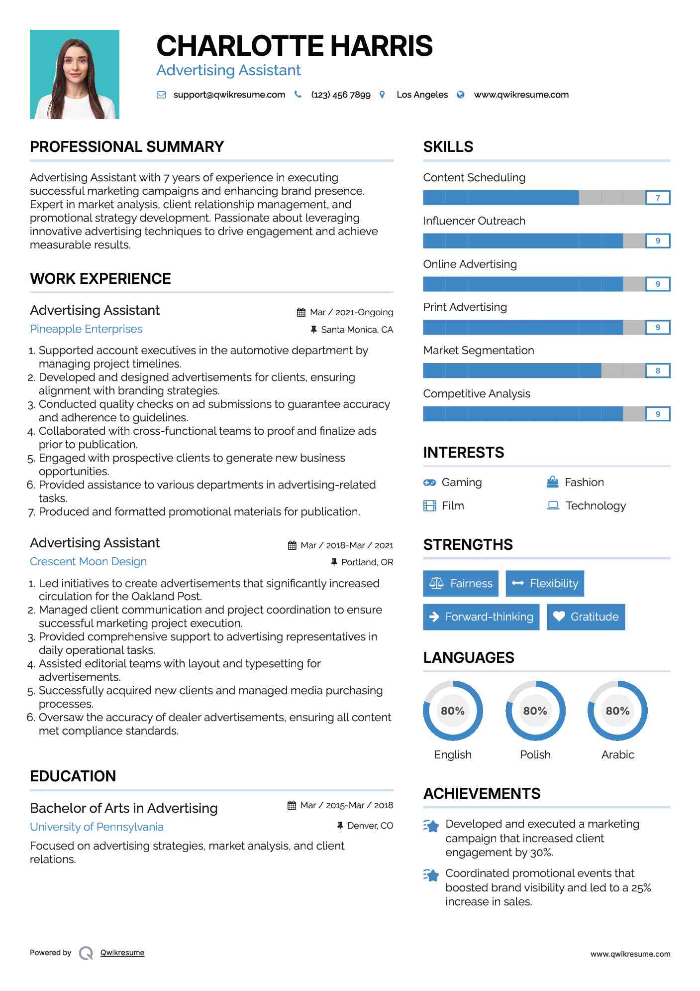 Advertising Assistant Resume Sample