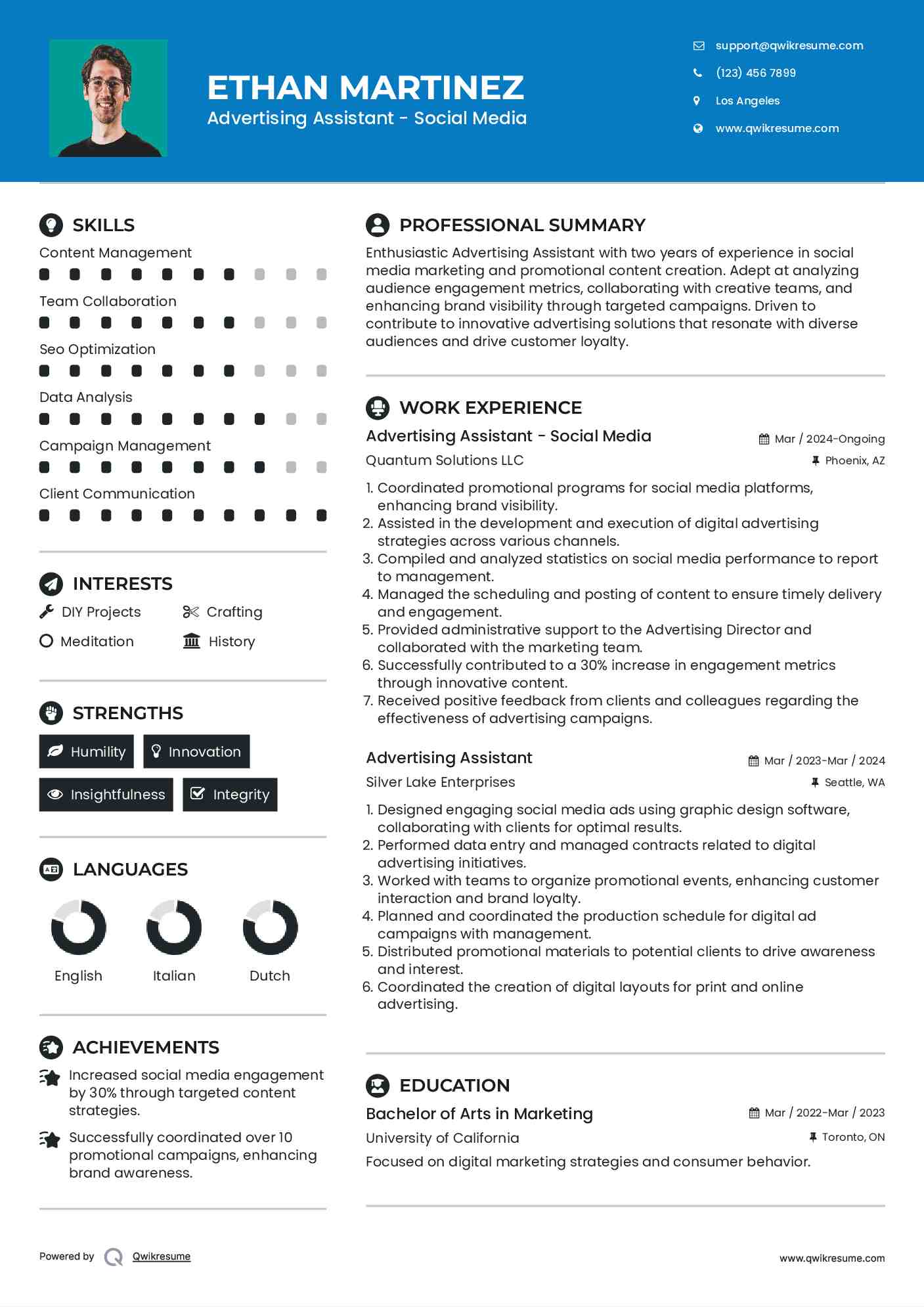 Advertising Assistant - Social Media Resume Template
