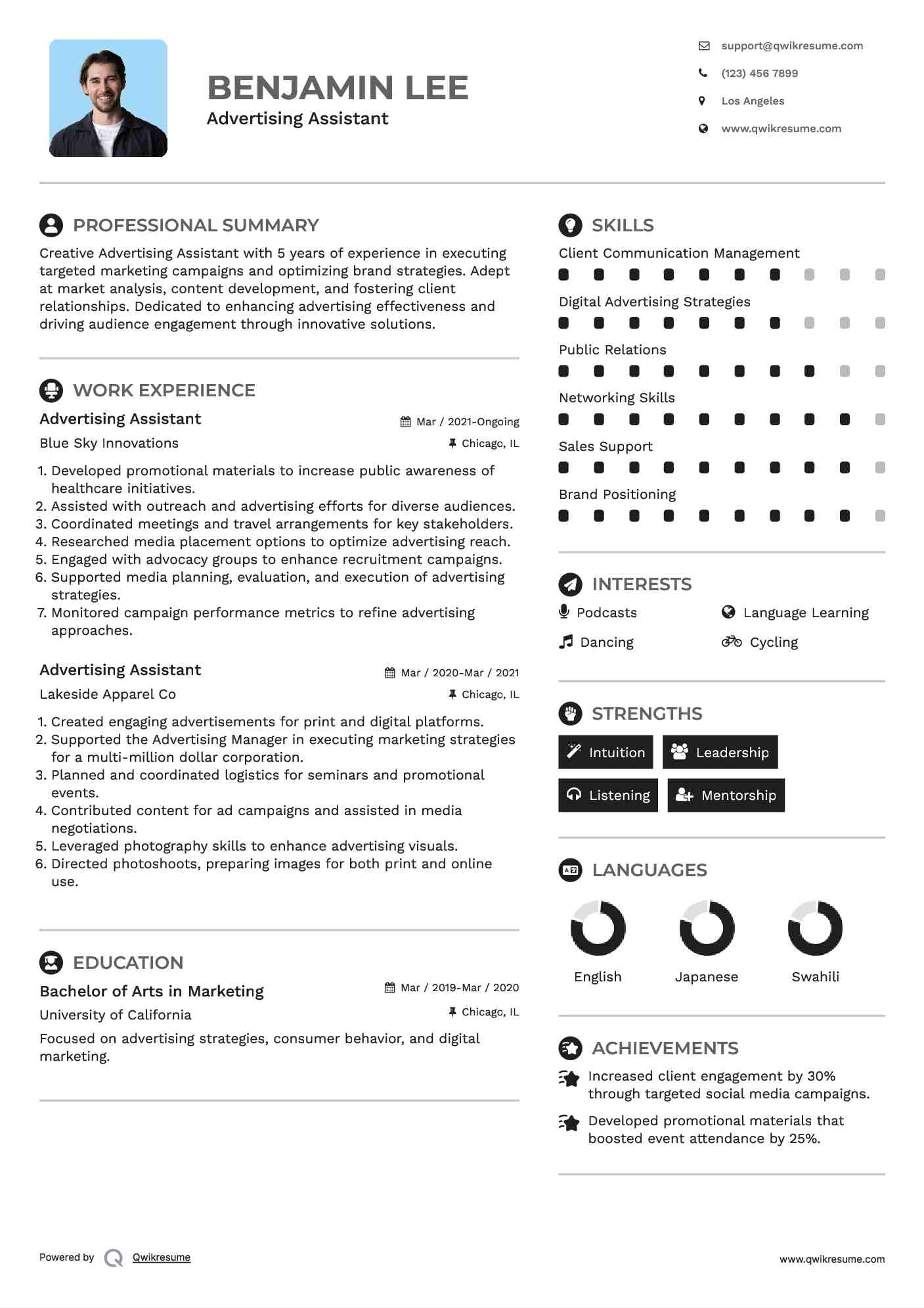 Advertising Assistant Resume Template