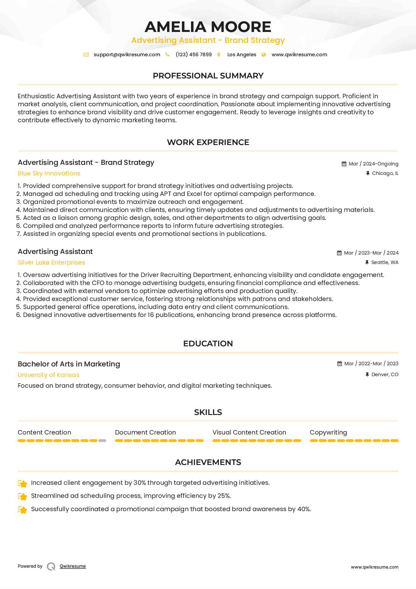 Advertising Assistant - Brand Strategy Resume Template