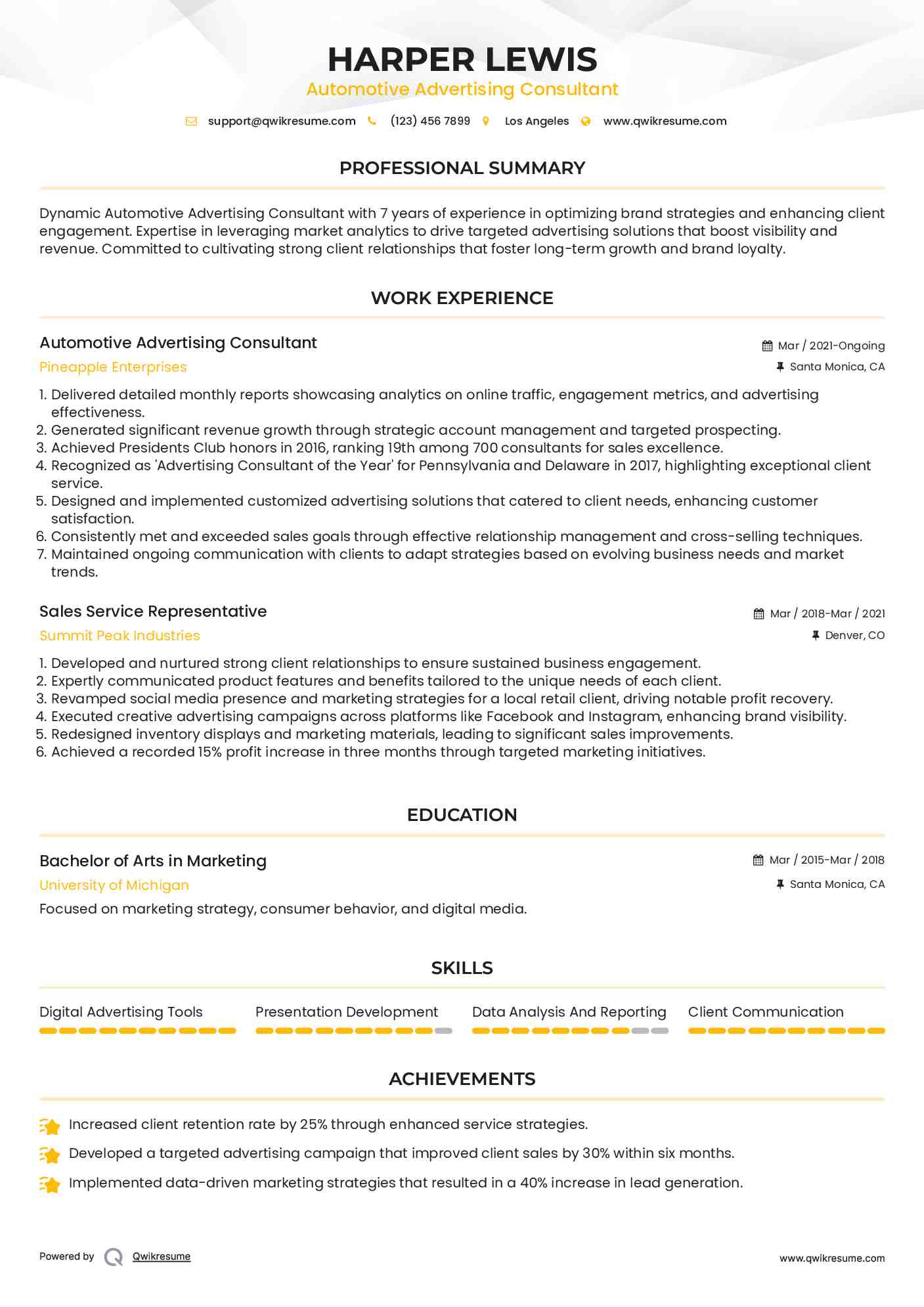 Automotive Advertising Consultant Resume Template