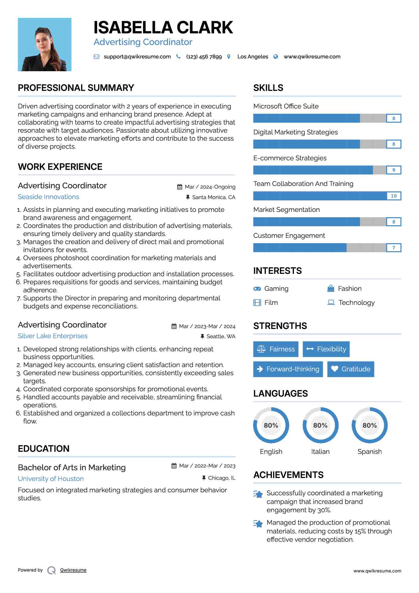 Advertising Coordinator Resume Samples | QwikResume