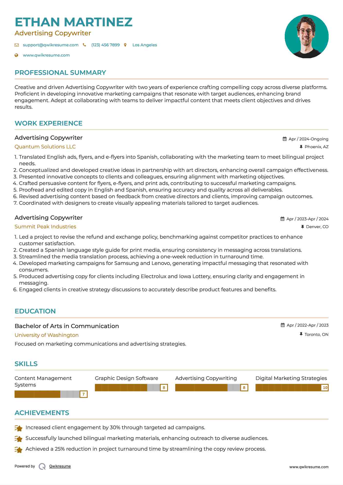 Advertising Copywriter Resume Example