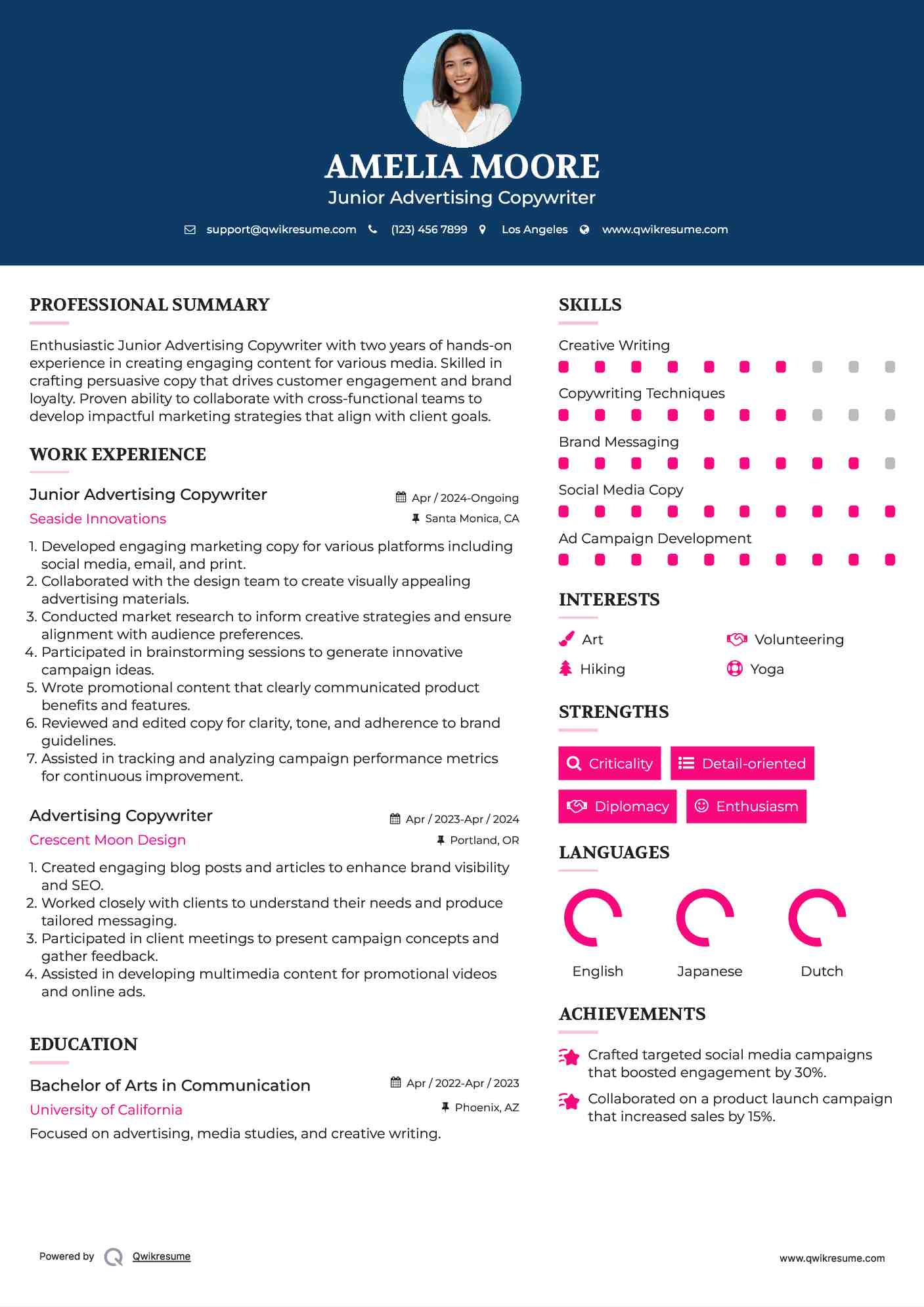 Junior Advertising Copywriter Resume Template