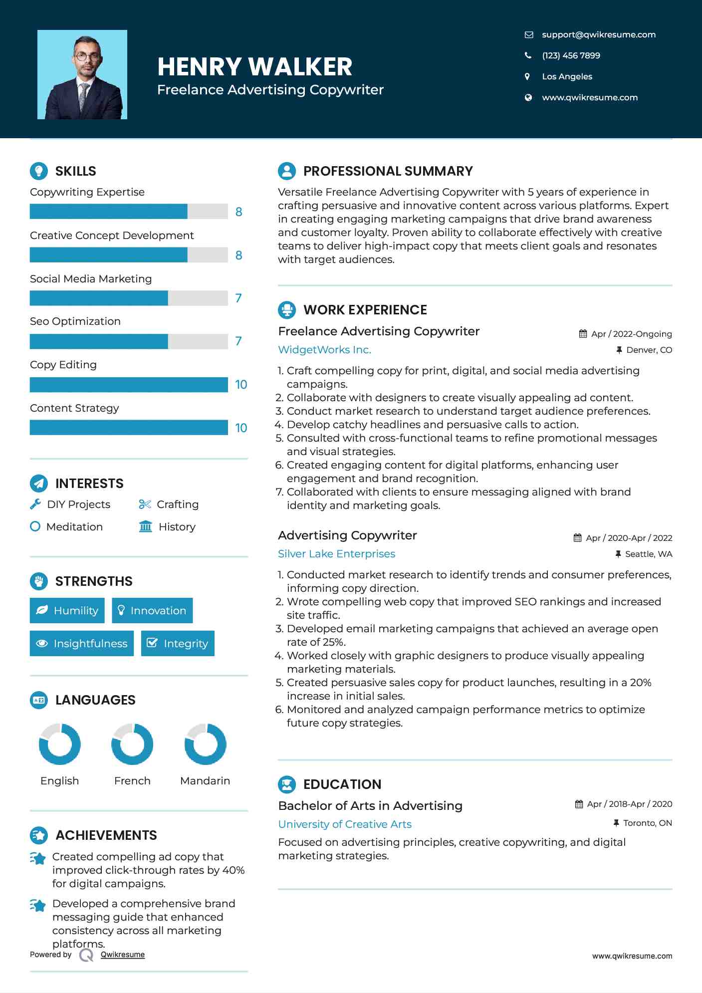 Freelance Advertising Copywriter Resume Format
