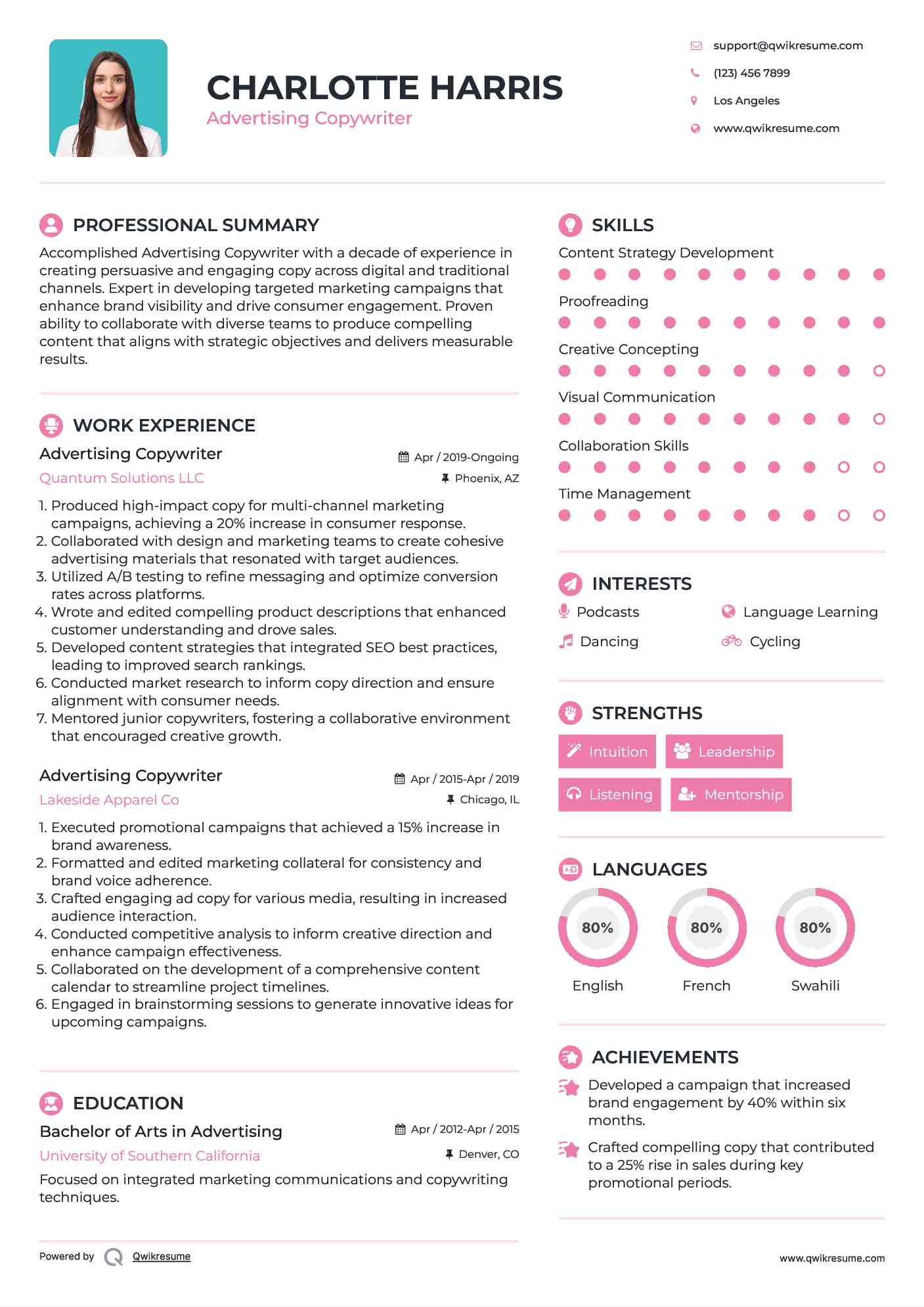 Advertising Copywriter Resume Format